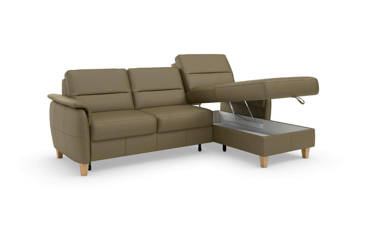 ECKSOFA PALMERA E Olivgrün Kombination Echtleder/Stoff Mikrofaser Bettkasten  - Eichefarben/Olivgrün, Basics, Leder/Holz (244/163cm) - Sit & More