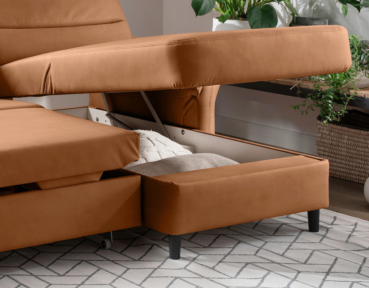 ECKSOFA in Lederlook Cognac  - Cognac/Schwarz, MODERN, Holz/Textil (279/176cm) - Livetastic