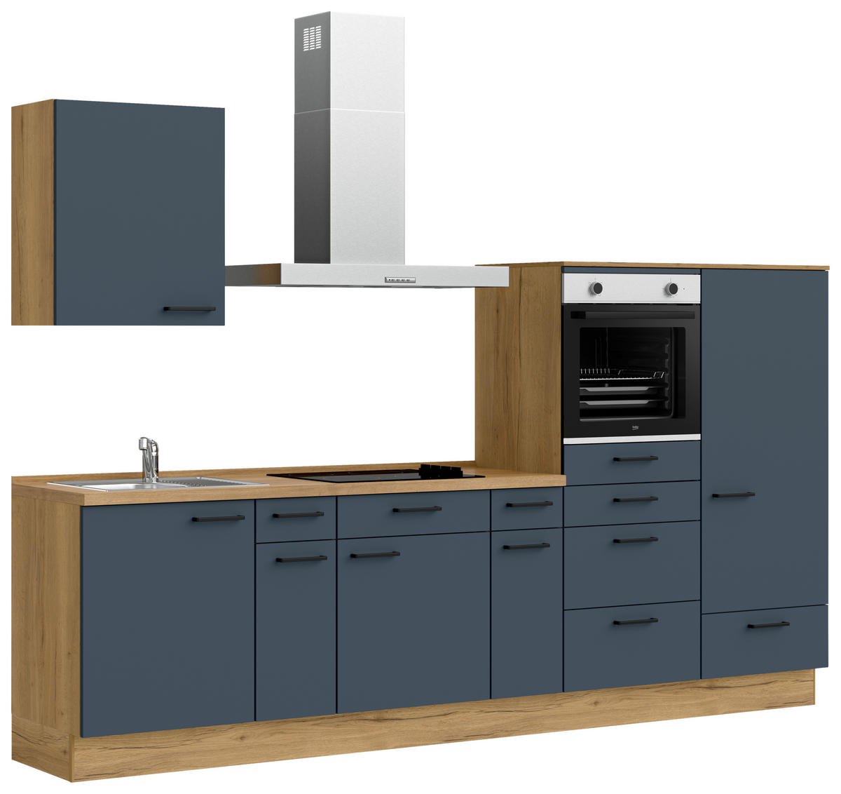 KÜCHENBLOCK 300 cm   in Eichefarben, Dunkelblau  - Eichefarben/Schwarz, MODERN, Holzwerkstoff/Metall (300cm) - Nobilia