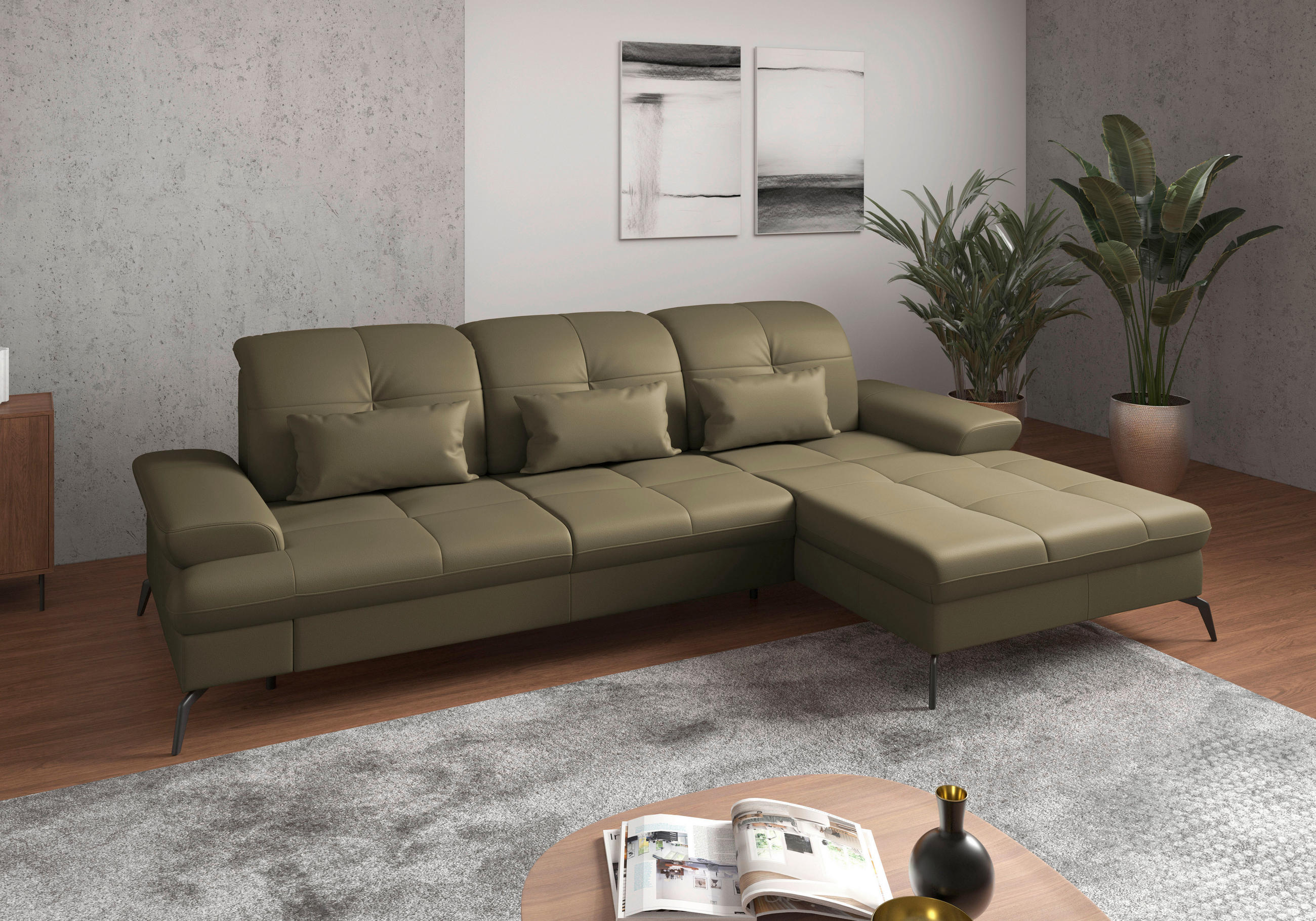 ECKSOFA Olivgrün Kombination Echtleder/Stoff Vliesstoff Armteilverstellung, Sitztiefenverstellung  - Schwarz/Olivgrün, KONVENTIONELL, Leder/Textil (279/185cm) - Sit & More