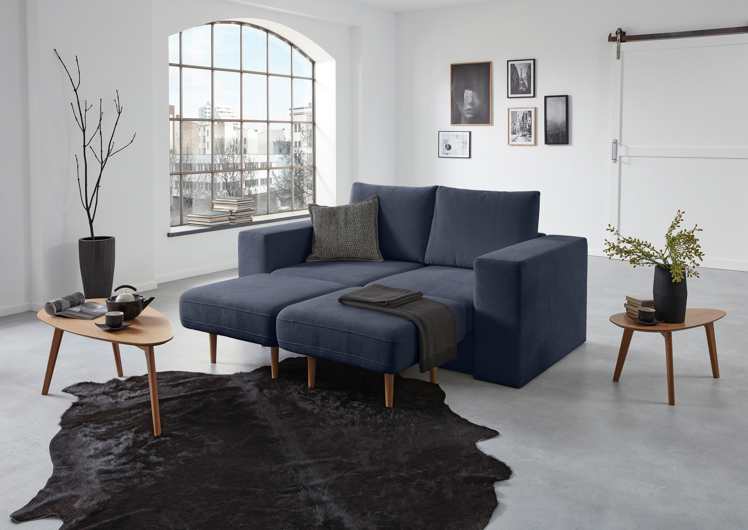 DREISITZER-SOFA inkl. Hocker Webstoff Dunkelblau  - Eichefarben/Dunkelblau, Design, Holz/Textil (212/96/107cm) - LOOKS by W.Joop