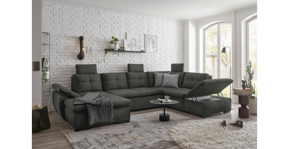 WOHNLANDSCHAFT in Mikrovelours Dunkelgrün - Dunkelgrün/Schwarz, KONVENTIONELL, Kunststoff/Textil (127/334/217cm) - Carryhome