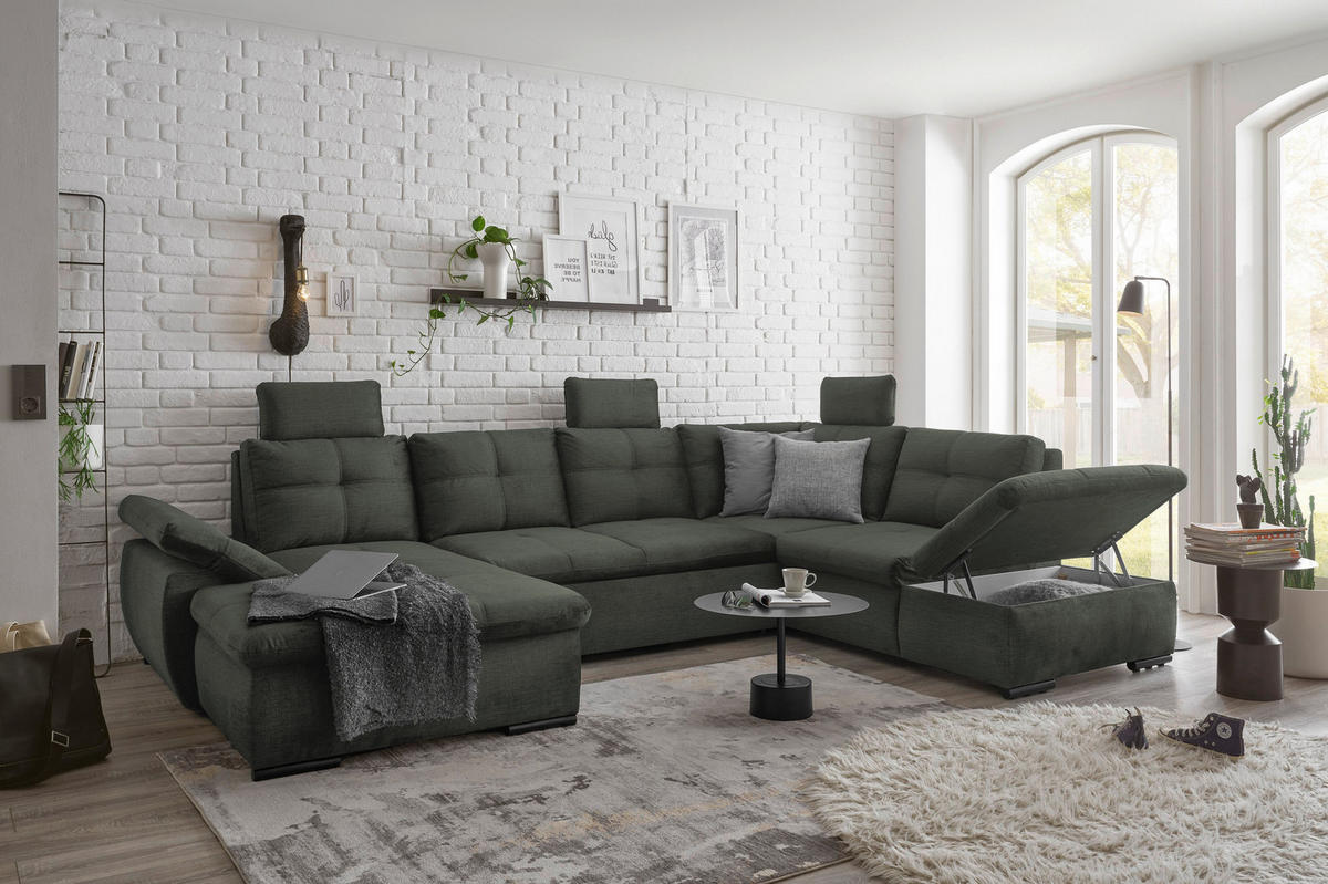 WOHNLANDSCHAFT Dunkelgrün Mikrovelours  - Dunkelgrün/Schwarz, KONVENTIONELL, Kunststoff/Textil (127/334/217cm) - Carryhome