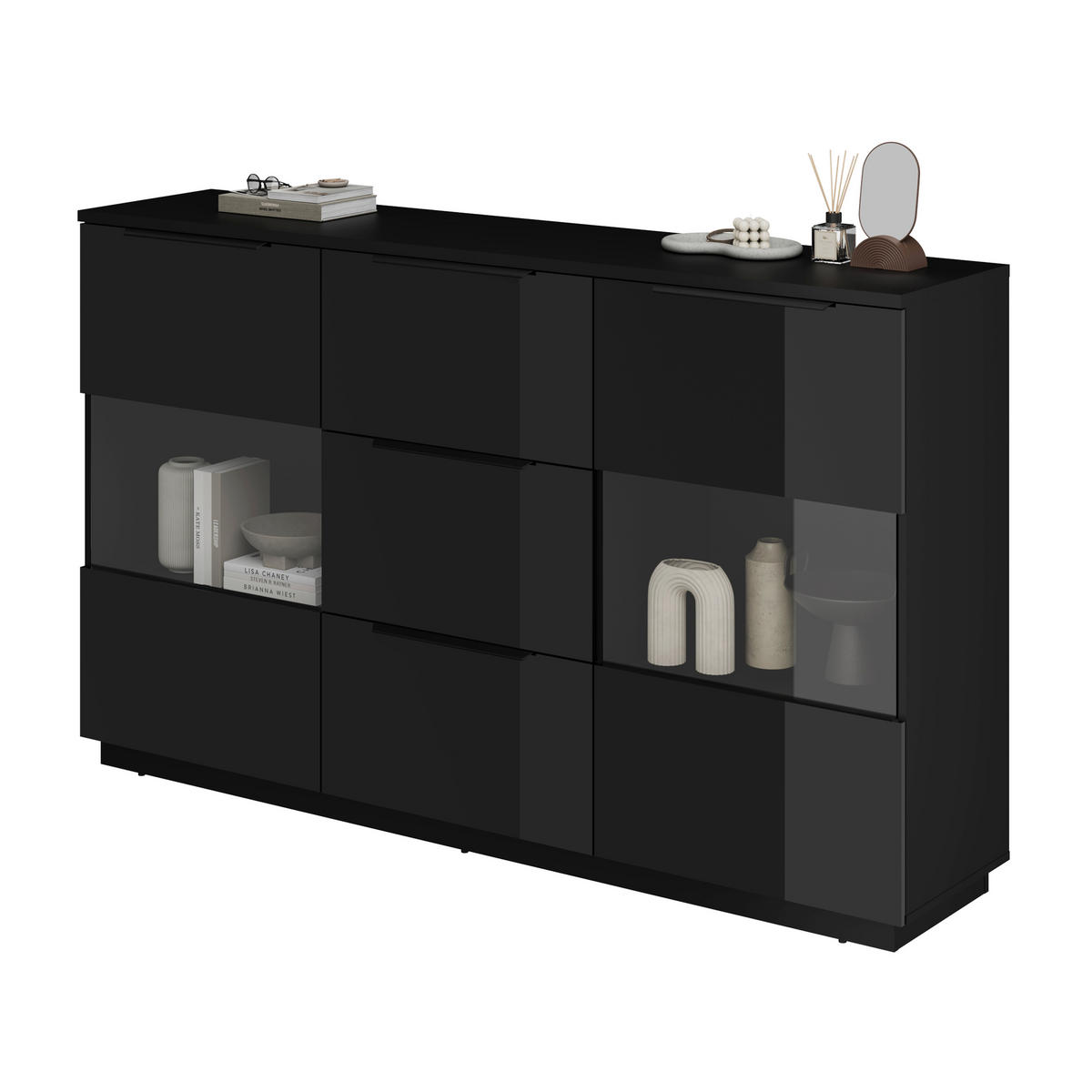 HIGHBOARD Tuluza 180/109,2/40,5 cm 3 Schublade(n)  - Schwarz Hochglanz/Schwarz, Design, Glas/Holzwerkstoff (180/109,2/40,5cm) - MID.YOU