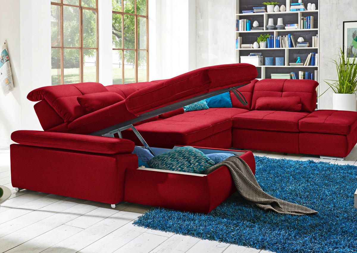 WOHNLANDSCHAFT Mikrofaser Rot  - Chromfarben/Rot, Design, Textil (195/371/260cm) - Beldomo Style