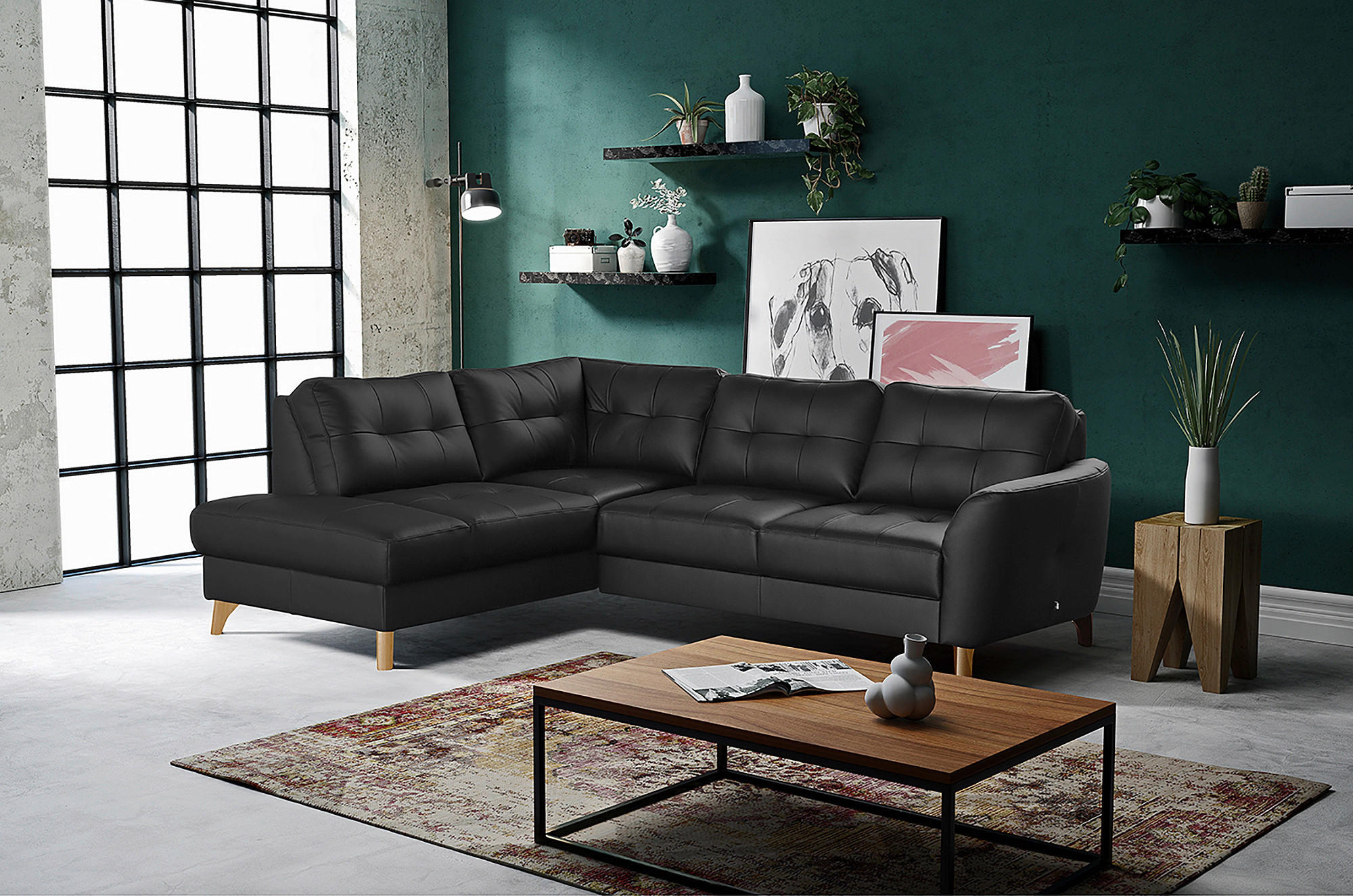 ECKSOFA in Lederlook Echtleder Schwarz  - Buchefarben/Schwarz, Design, Leder/Holz (190/236cm) - Livetastic