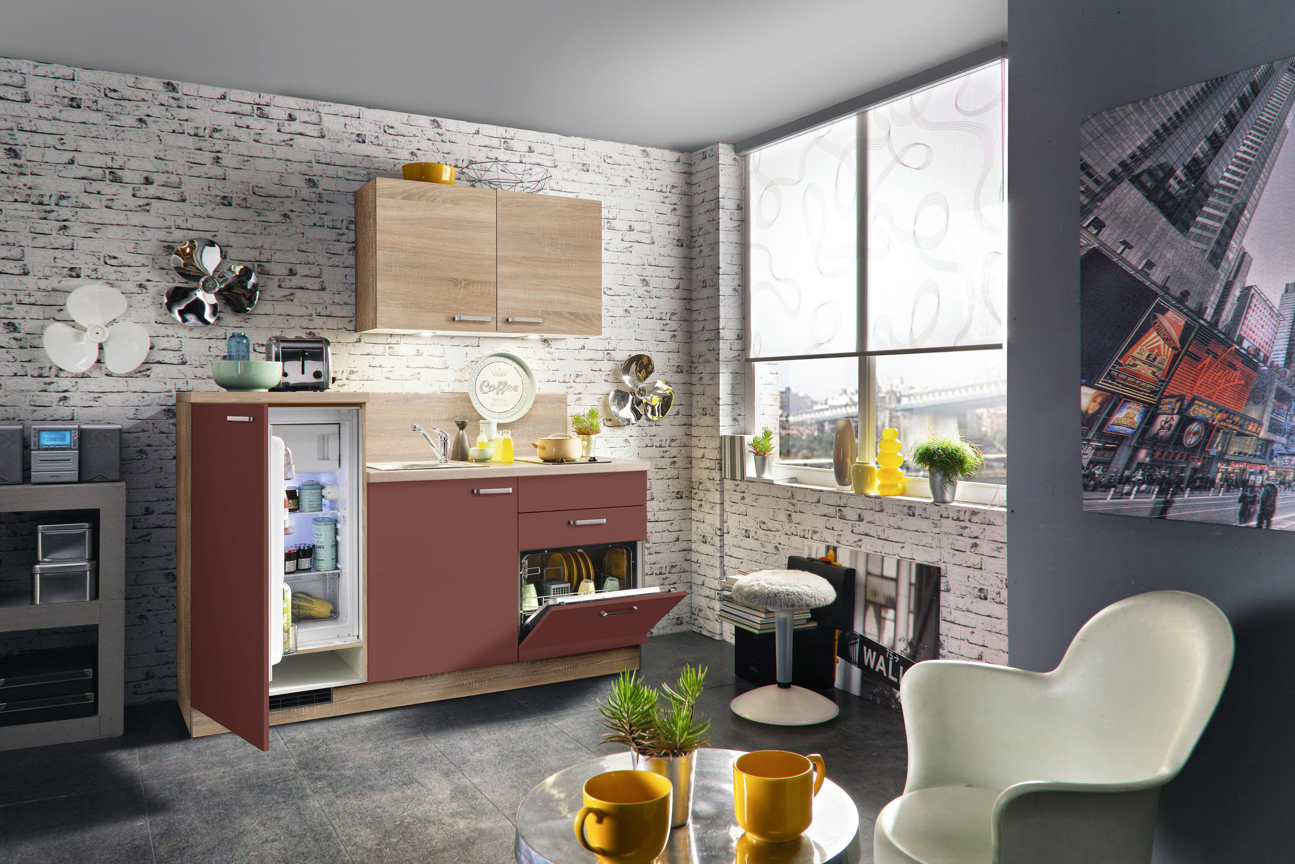 KÜCHENBLOCK 180 cm   in Rot, Eichefarben  - Edelstahlfarben/Eichefarben, KONVENTIONELL, Holzwerkstoff/Metall (180cm) - Welnova