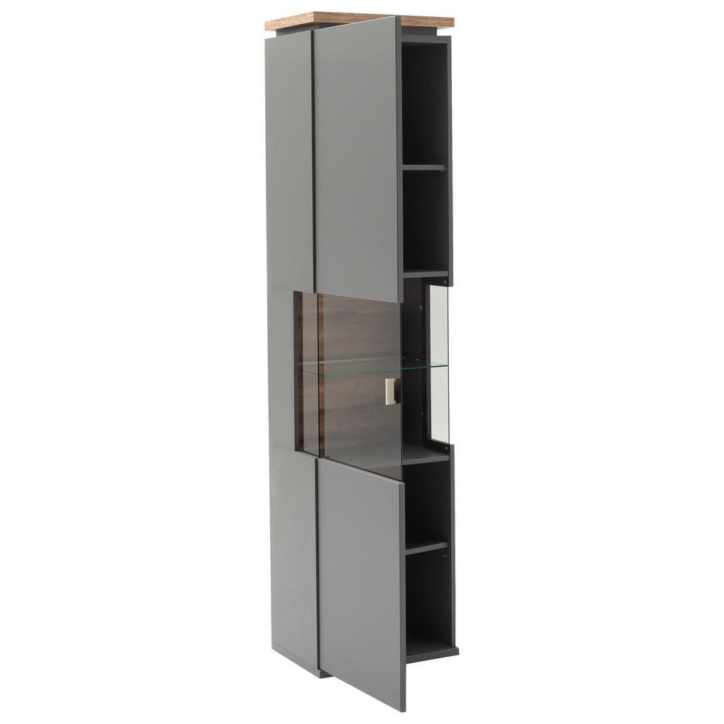 Thumbnail - Stylife Vitrine Neapel, Eiche Wotan, Grau, Glas, Holzwerkstoff, 1 Glas + 4 Holz Fächer, 50x208x37 cm, stehend, Beimöbel ...