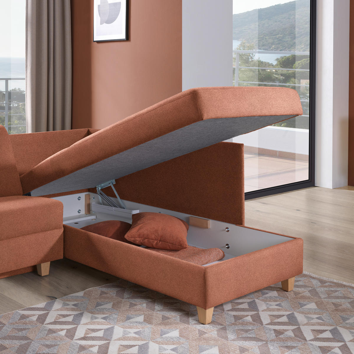ECKSOFA in Flachgewebe Terracotta  261/203 cm  - Eichefarben/Terracotta, KONVENTIONELL, Holz/Textil (261/203cm) - Sedda