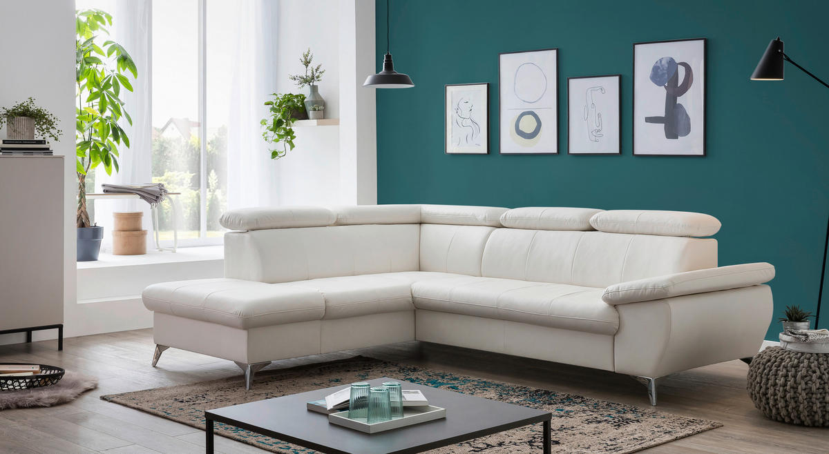 ECKSOFA Weiß Lederlook  - Chromfarben/Weiß, KONVENTIONELL, Textil/Metall (209/256cm) - Livetastic