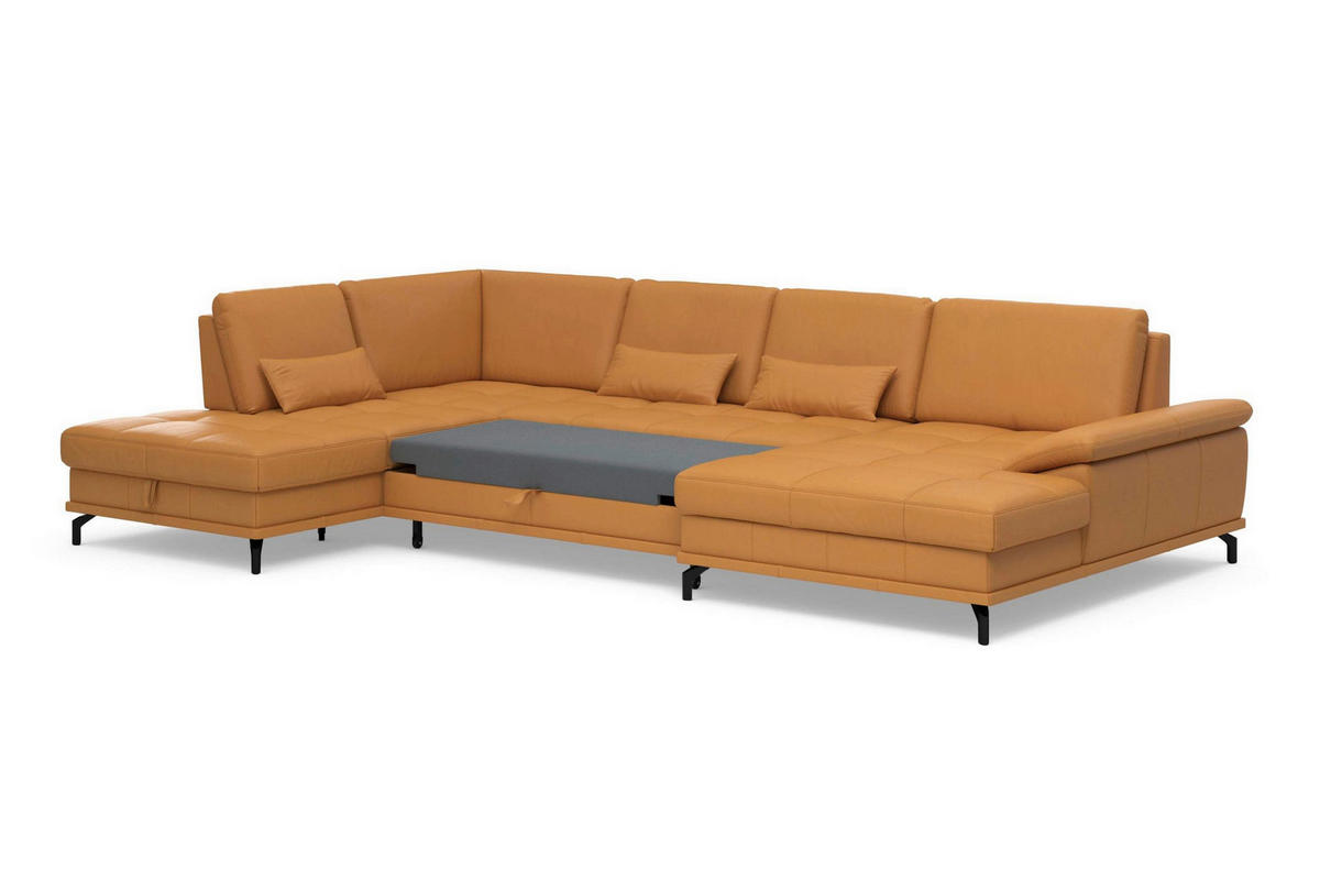 WOHNLANDSCHAFT COSTELLO E Currygelb Kombination Echtleder/Stoff Mikrofaser  - Currygelb/Schwarz, Basics, Leder/Textil (223/363/176cm) - Sit & More