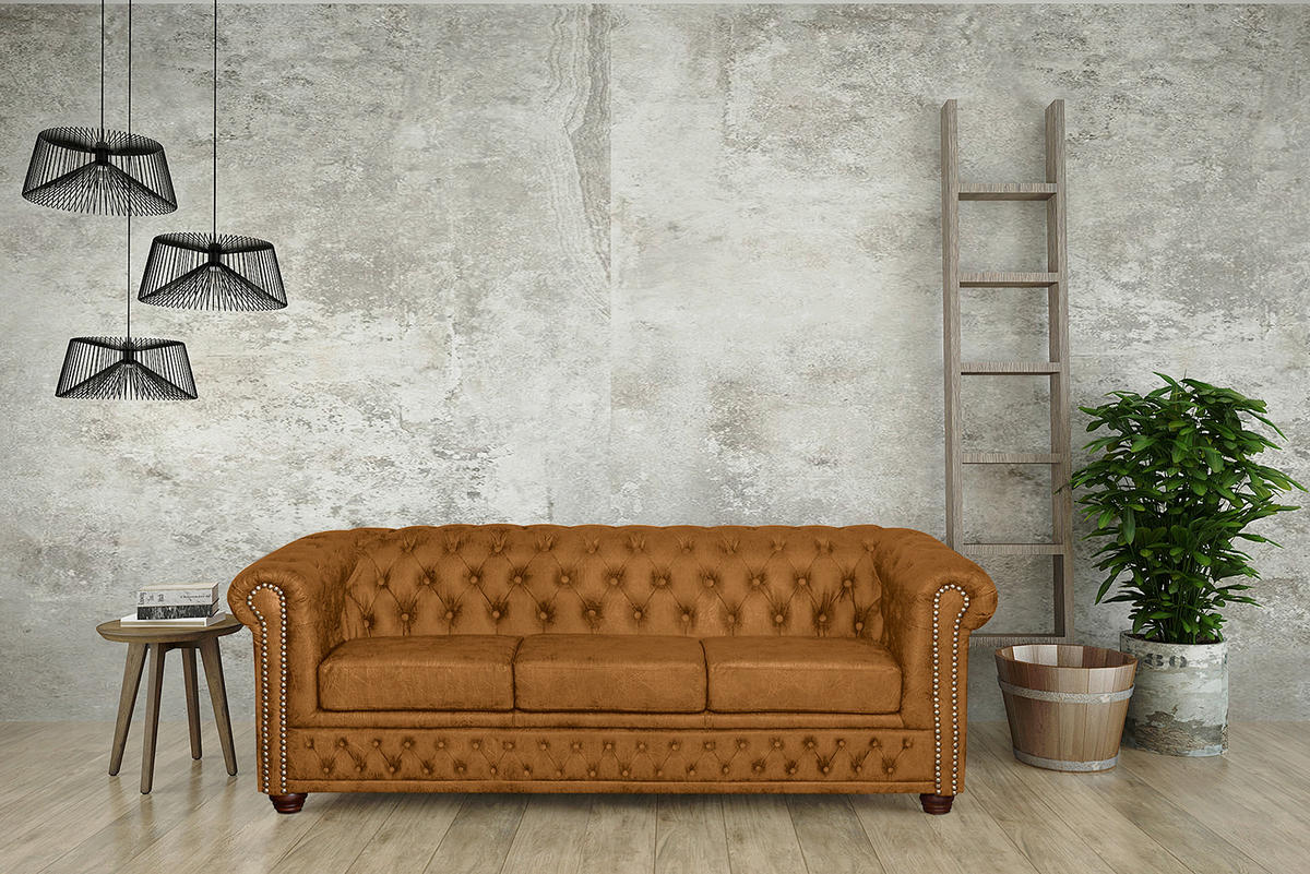 SITZGARNITUR YORK in Lederlook Cognac  - Cognac/Braun, Design, Holz/Textil (203/72/86cm) - P & B