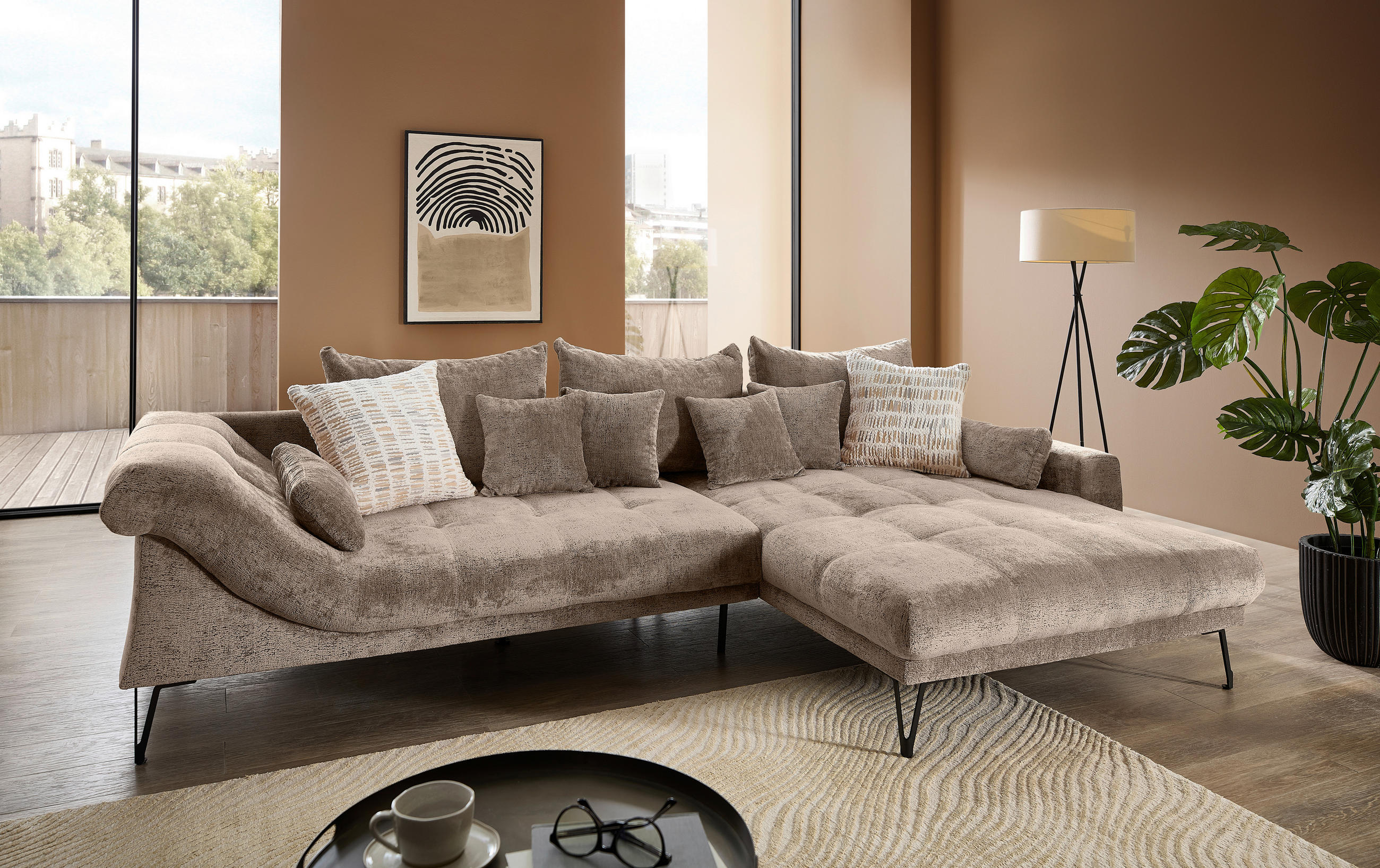 ECKSOFA GARDA Braun Chenille Zierkissen, Rückenkissen, Nierenkissen, Rücken echt  - Schwarz/Braun, KONVENTIONELL, Textil/Metall (310/192cm) - Livetastic