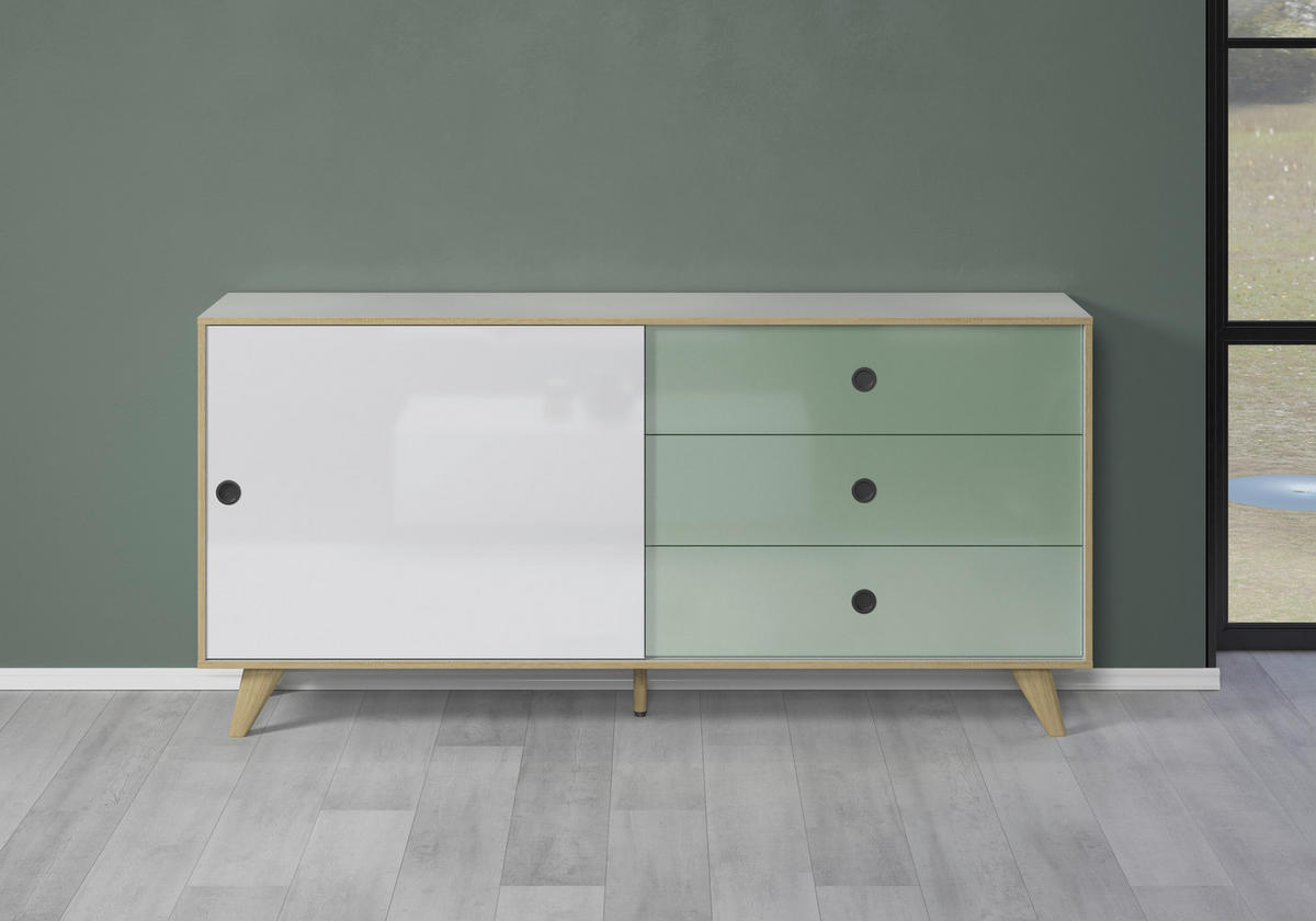 SIDEBOARD Grün, Eichefarben, Weiß Hochglanz  180/86/40 cm  - Eichefarben/Weiß Hochglanz, MODERN, Holzwerkstoff/Kunststoff (180/86/40cm) - Boxxx