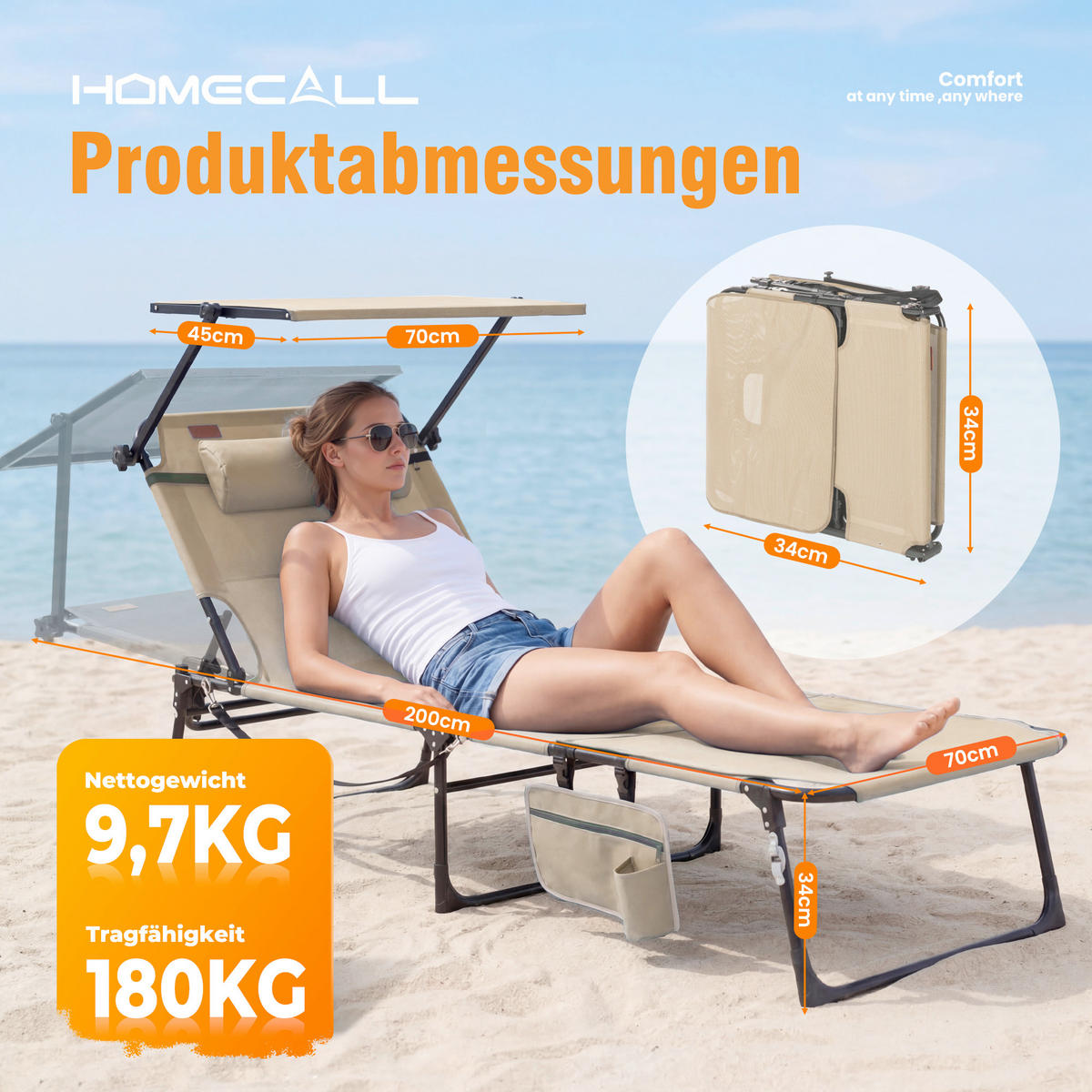 SONNENLIEGE 200/34/70 cm  - Dunkelgrau/Beige, Basics, Textil/Metall (200/34/70cm) - Modante