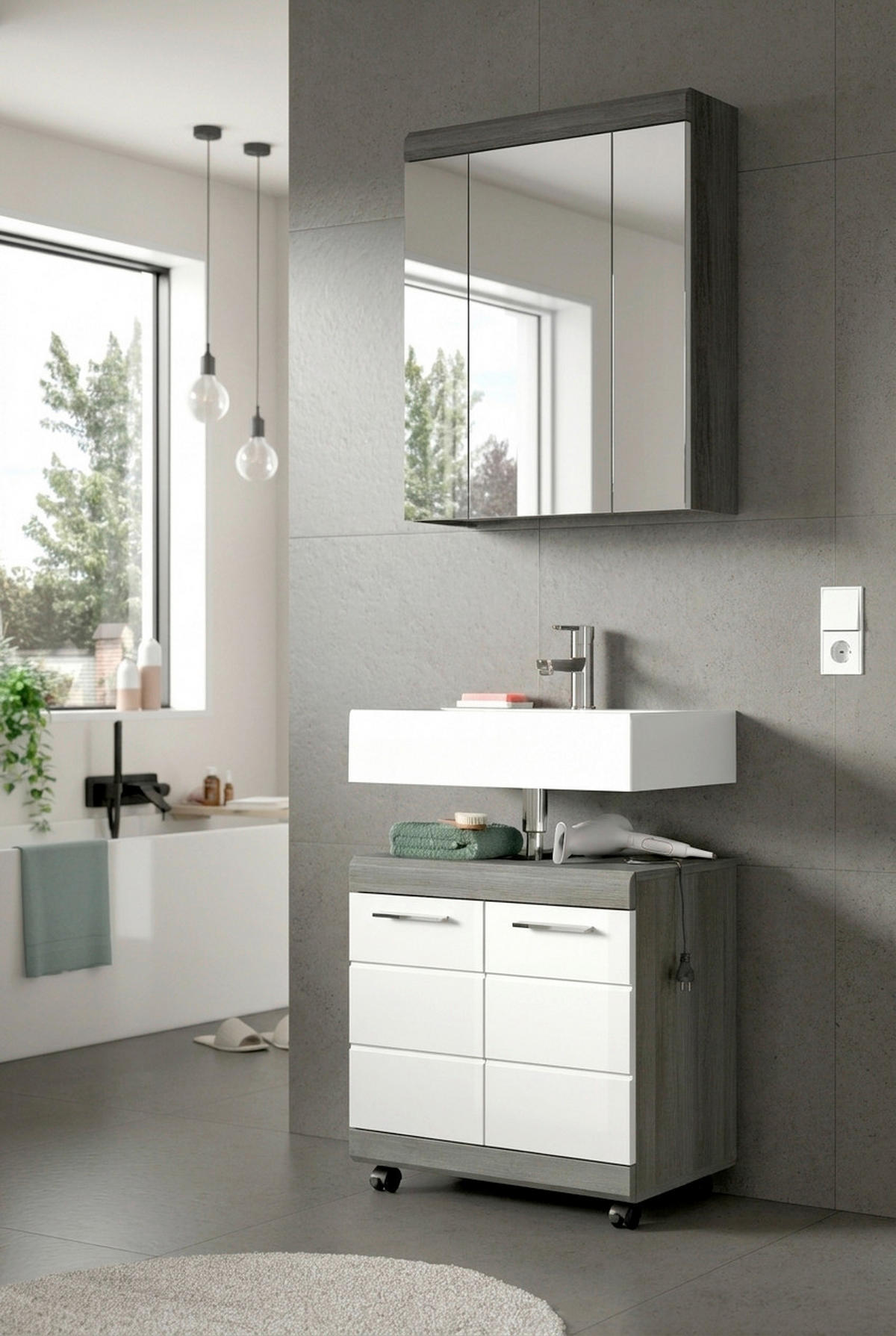 BADEZIMMER 2-teilig  in 60 cm  - Weiß Hochglanz/Silberfarben, Trend, Glas/Holzwerkstoff (60cm) - MID.YOU