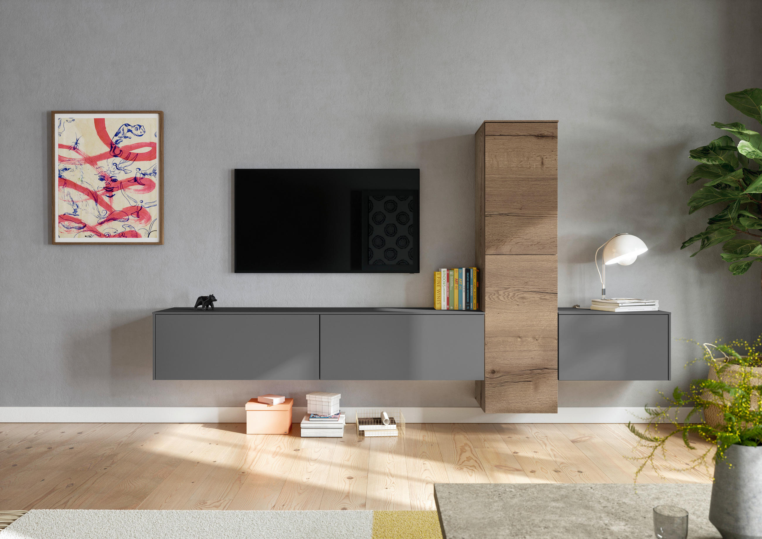 WOHNWAND  in Grau, Eichefarben  282/160/37 cm  - Eichefarben/Grau, Design, Holzwerkstoff (282/160/37cm) - Celina Home