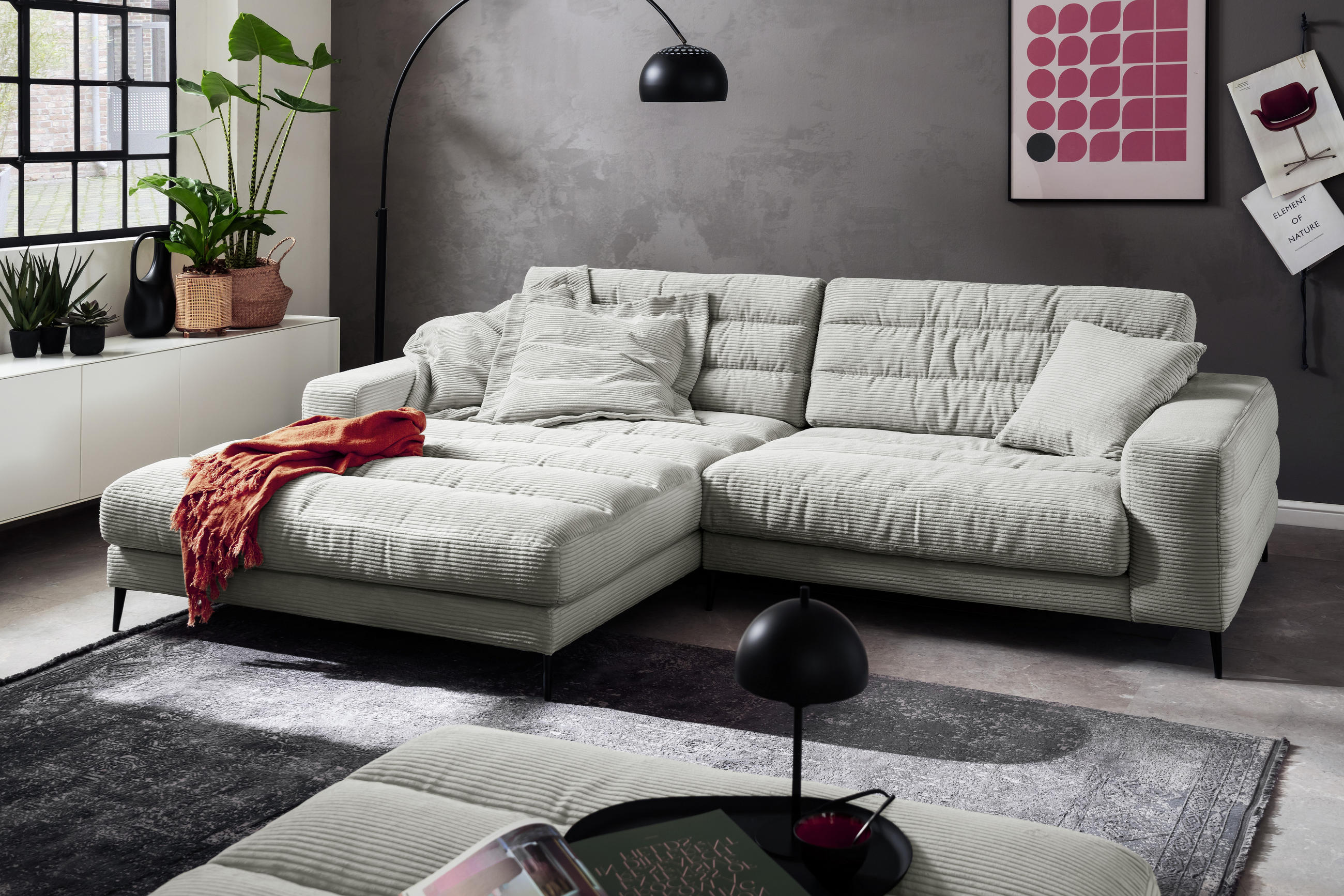 ECKSOFA Badia Hellgrau Cord  - Hellgrau/Schwarz, Design, Textil/Metall (207/296cm) - Dieter Knoll
