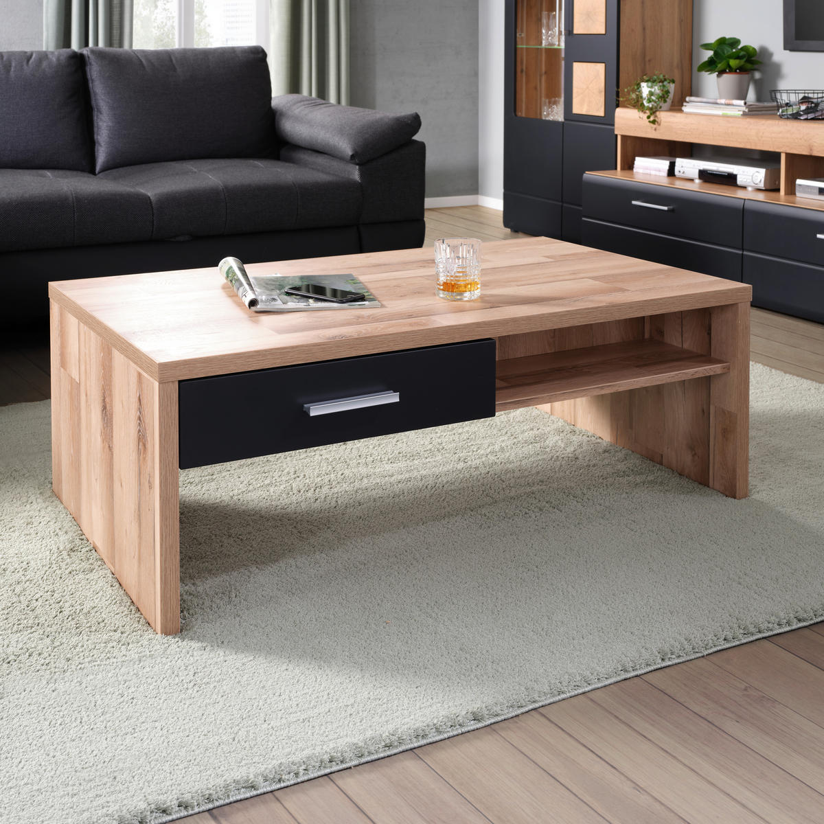 MĂSUȚĂ DE CAFEA material pe bază de lemn 110/64/40 cm   - culoare crom/culoare lemn stejar, Modern, metal/material pe bază de lemn (110/64/40cm) - Hom`in