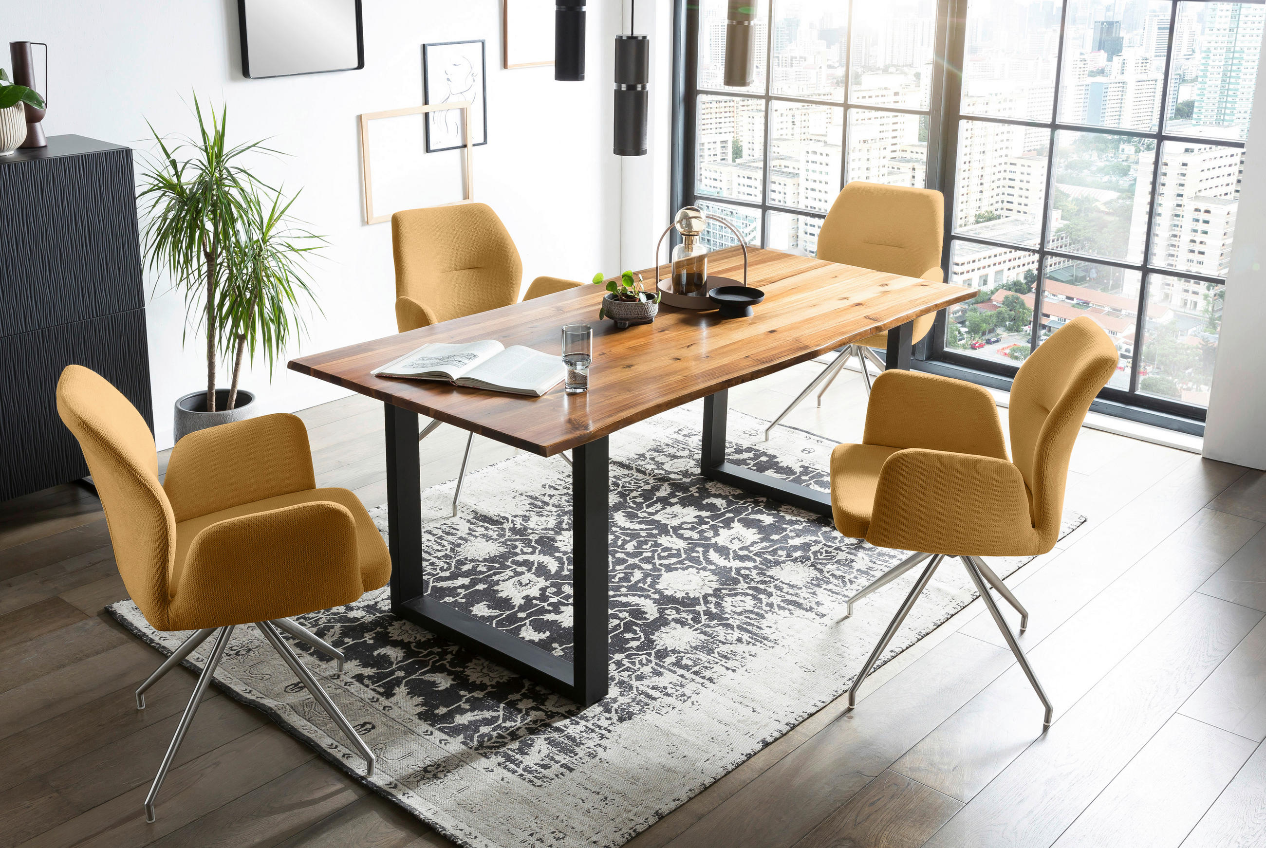 TISCHGRUPPE in Holz, Metall, Textil Gelb, Cognac  - Cognac/Gelb, MODERN, Holz/Textil (180/90/77cm) - Livetastic