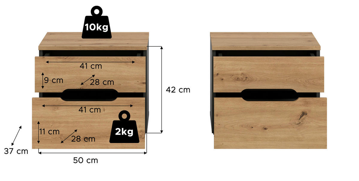NACHTKÄSTCHENSET 50/42/37 cm  in Grau, Eiche Artisan  - Schwarz/Eiche Artisan, MODERN, Holzwerkstoff/Kunststoff (50/42/37cm) - MID.YOU