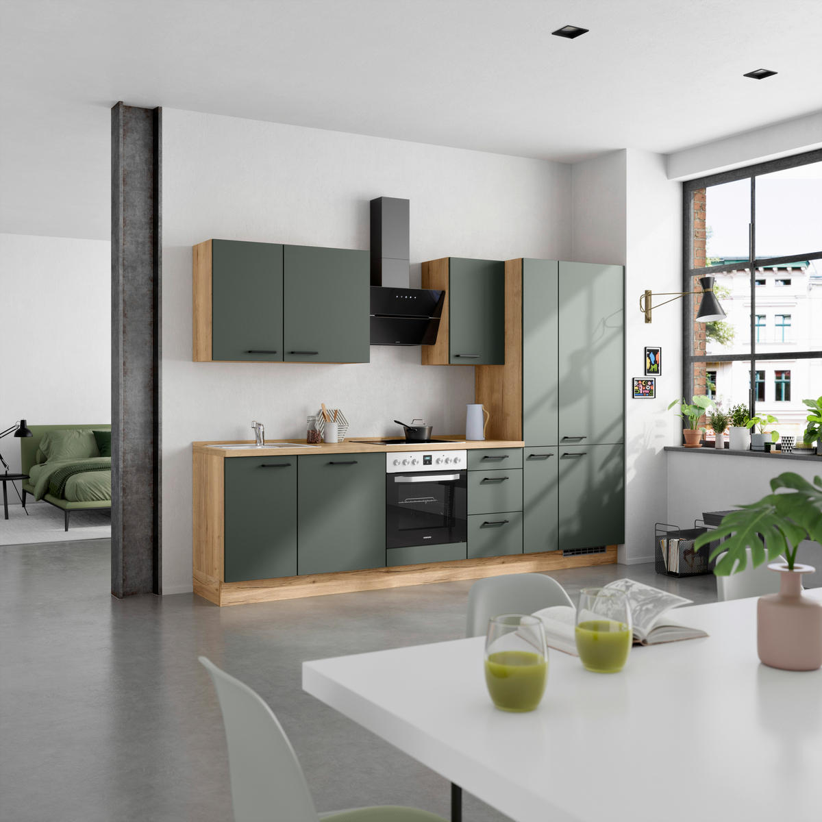 KÜCHENBLOCK Easytouch 300 cm  in Eichefarben, Dunkelgrün  - Dunkelgrün/Eichefarben, MODERN, Holzwerkstoff/Metall (300cm) - Nobilia