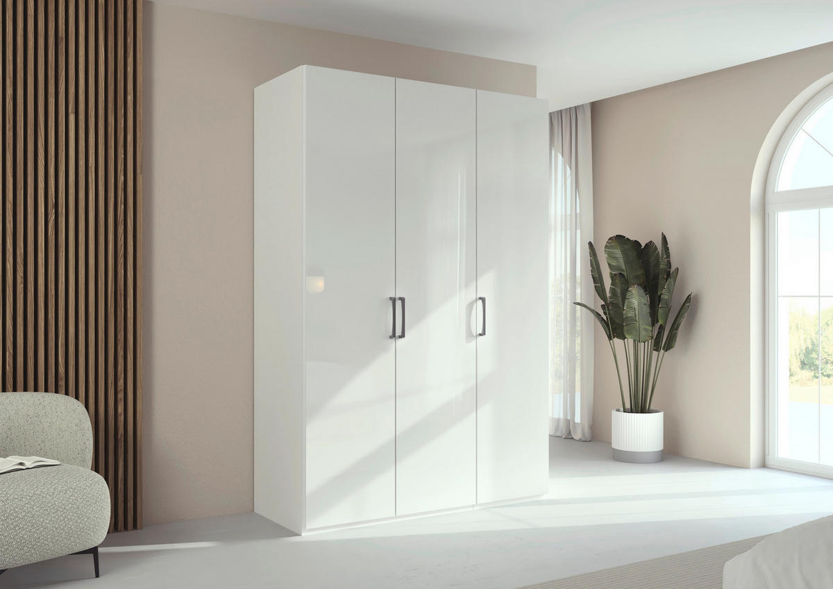 DREHTÜRENSCHRANK 151/223/61 cm,  in Weiß, Weiß Hochglanz, 3-türig  - Edelstahlfarben/Weiß Hochglanz, Basics, Holzwerkstoff/Metall (151/223/61cm) - Novel