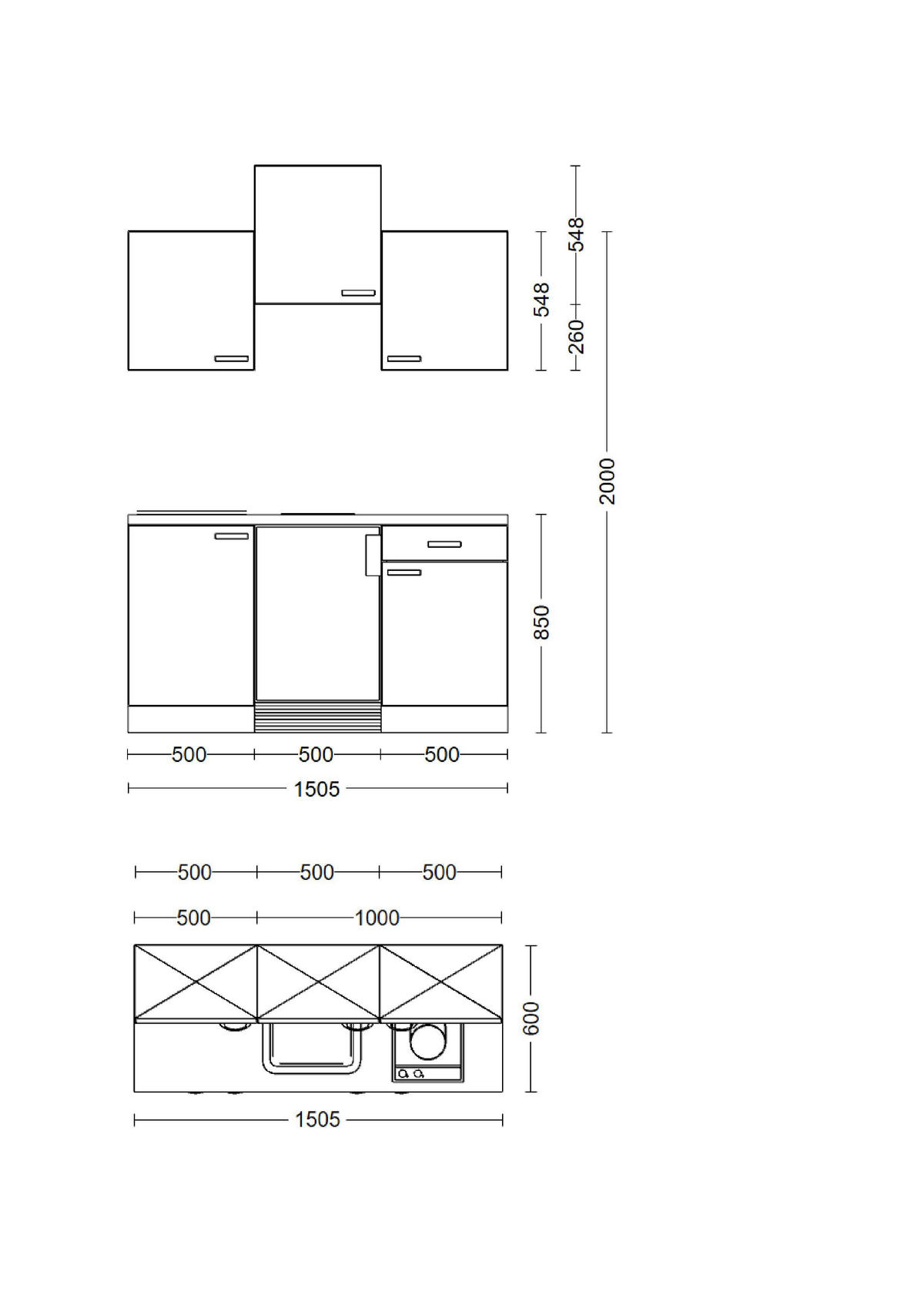 MINIKÜCHE   in Weiß, Sonoma Eiche  - Alufarben/Weiß, KONVENTIONELL, Holzwerkstoff/Kunststoff (150,5/205/60cm) - FlexWell