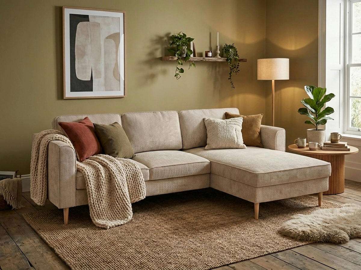 ECKSOFA Cord Creme  - Buchefarben/Creme, Modern, Holz/Textil (232/161cm) - Trendmanufaktur