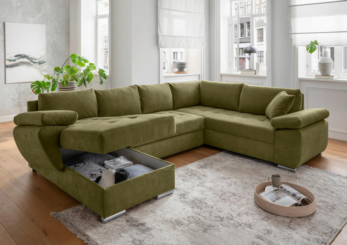 SEDACIA SÚPRAVA, textil, zelená - zelená/chrómová, Konventionell, kov/textil (157/305/219cm) - Livetastic