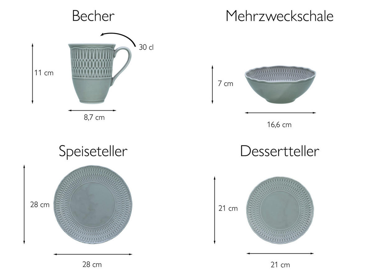 KOMBINOVANÝ SERVIS, 16-dielne, porcelán - svetlosivá, Design, keramika - Creatable