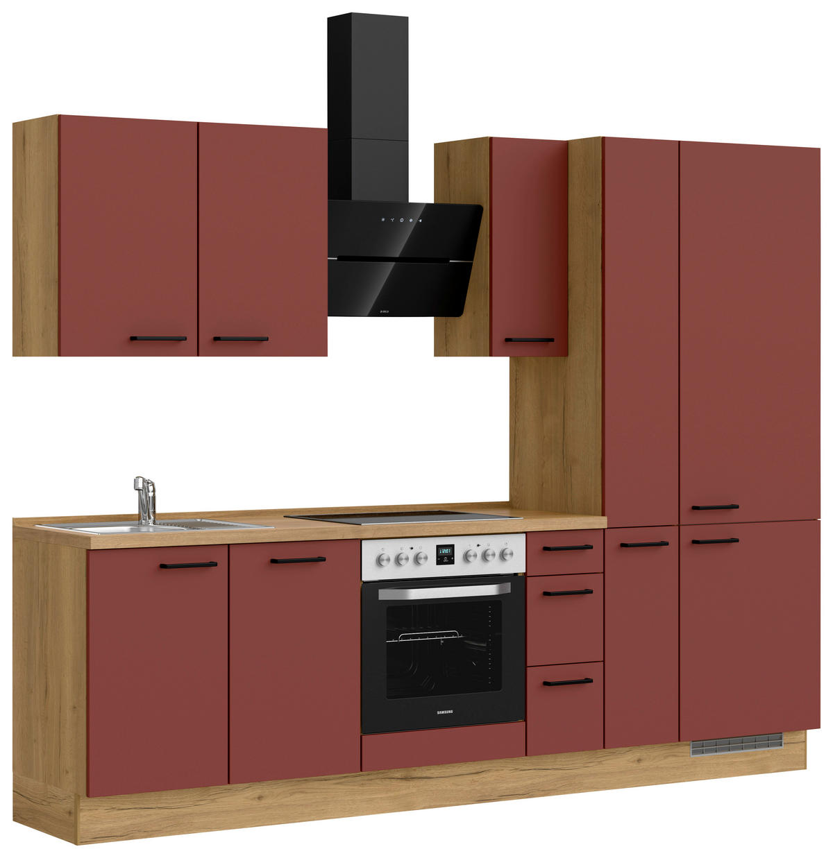 KÜCHENBLOCK 270 cm   in Eichefarben, Dunkelrot  - Eichefarben/Schwarz, MODERN, Holzwerkstoff/Metall (270cm) - Nobilia