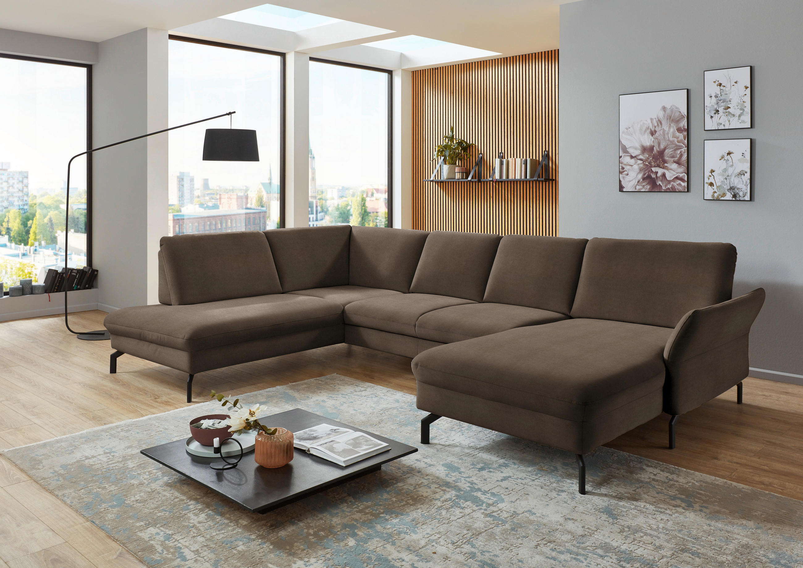 WOHNLANDSCHAFT in Velours Braun  - Schwarz/Braun, Design, Textil/Metall (220/335/179cm) - Beldomo System