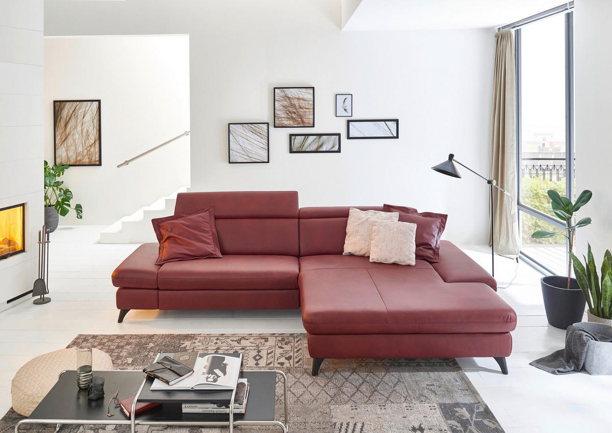 ECKSOFA Bordeaux Echtleder  - Bordeaux/Schwarz, Design, Leder/Metall (316/184cm) - Cantus