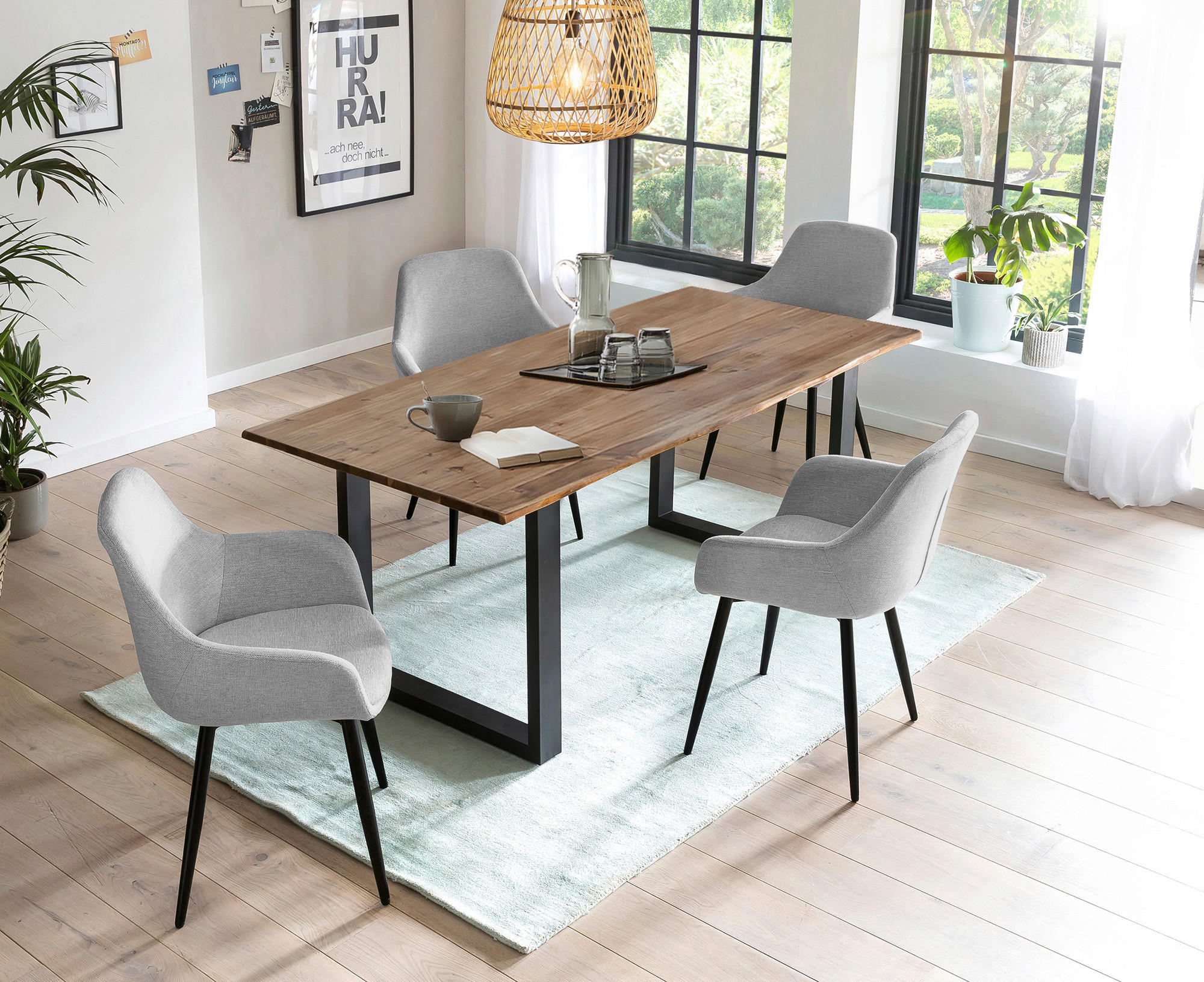 TISCHGRUPPE in Holz, Metall, Textil Hellgrau, Walnussfarben  - Walnussfarben/Hellgrau, MODERN, Holz/Textil (160/90/75cm) - Livetastic