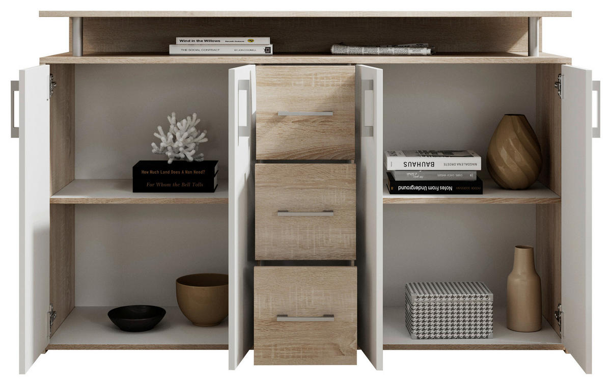 COMODĂ CU UȘI 139/90/34 cm  - stejar Sonoma/argintiu, Konventionell, plastic/material pe bază de lemn (139/90/34cm) - Carryhome