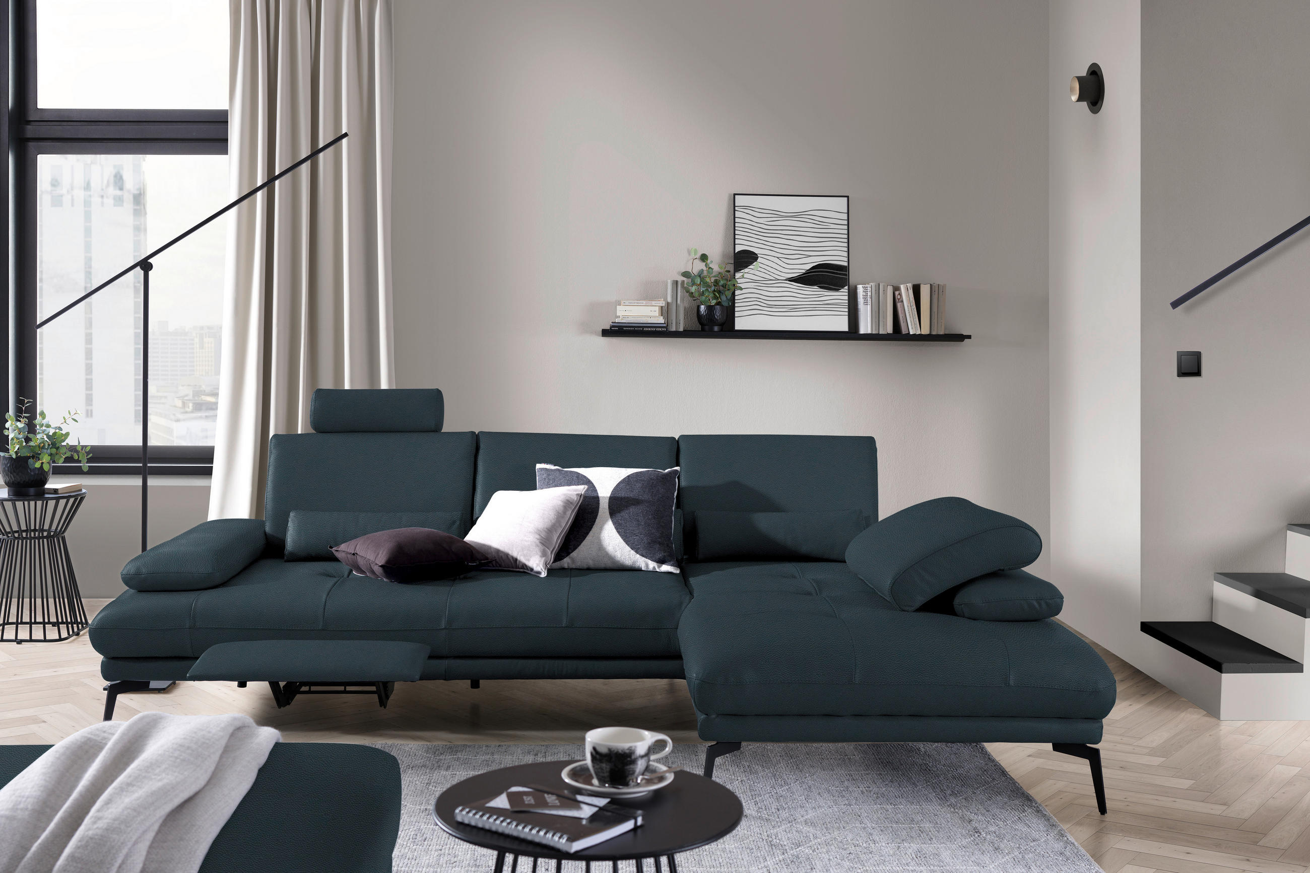 ECKSOFA in Echtleder Dunkelblau  - Schwarz/Dunkelblau, Design, Leder/Metall (273/187cm) - Celina Home