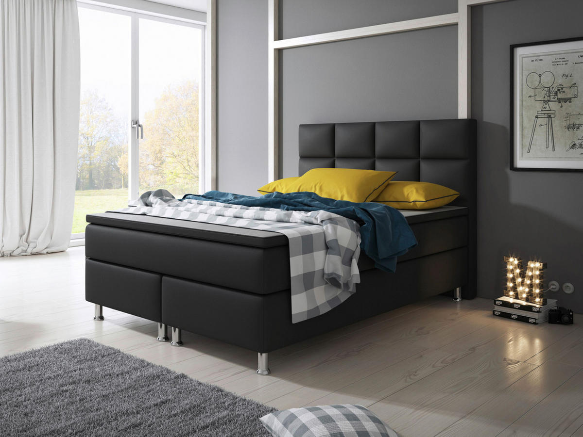 BOXSPRINGBETT  in Schwarz, Matratze, gepolstertes Kopfteil, Topper, Matratzen, H3 + H3 = fest  - Silberfarben/Schwarz, KONVENTIONELL, Leder/Textil (140/115/210cm) - MID.YOU
