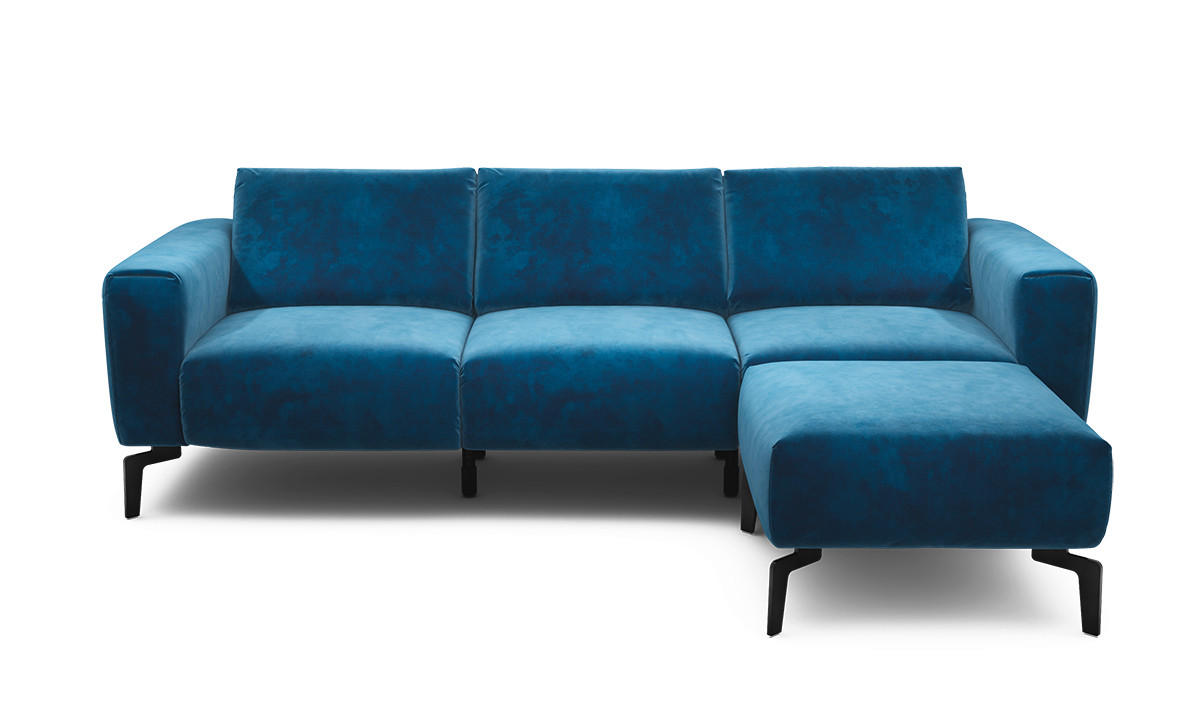 Dreisitzer inkl. Hocker Samt Blau  - Blau/Schwarz, Design, Textil/Metall (250/86/86-94cm) - SENSOO