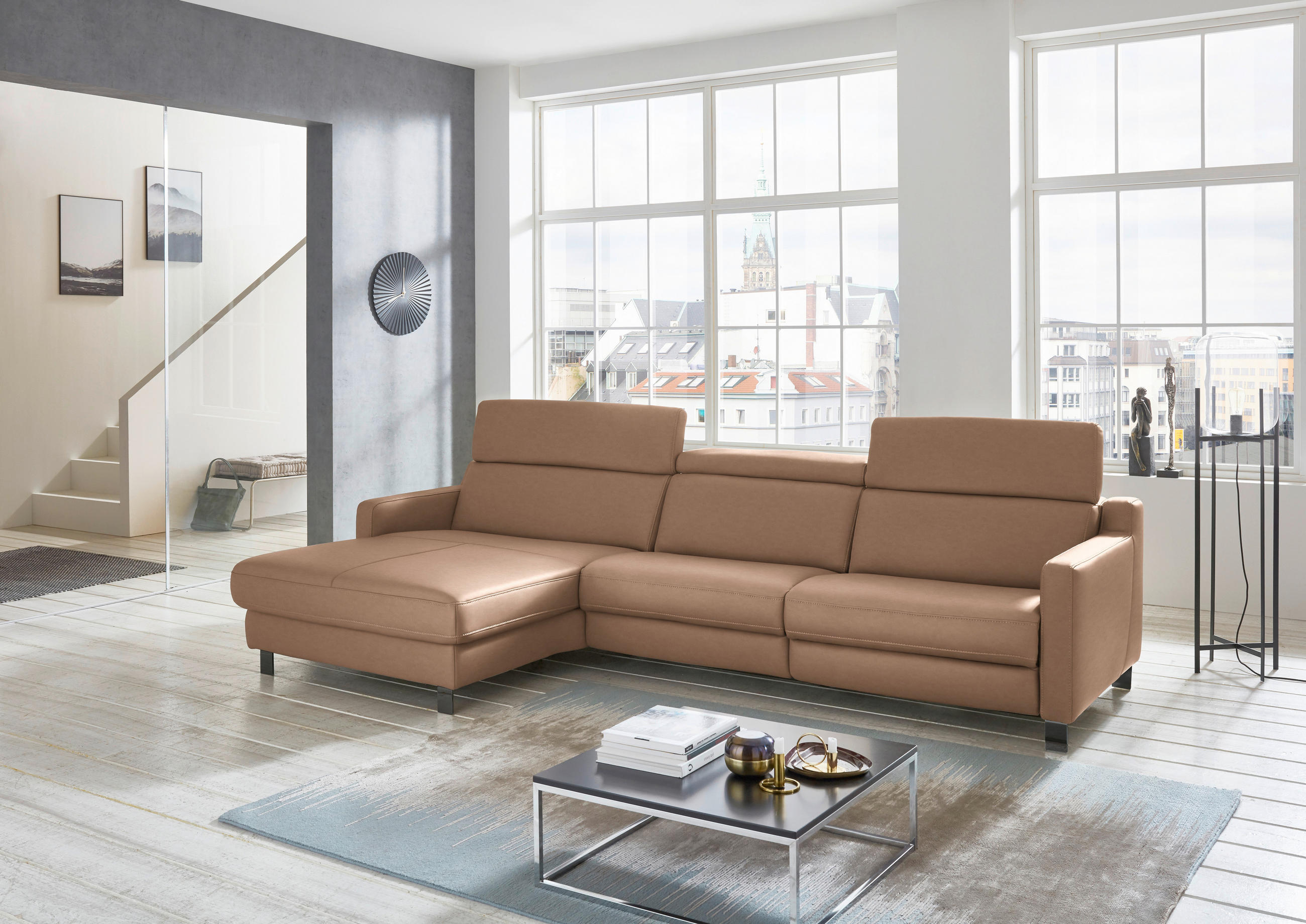 ECKSOFA in Echtleder Braun  - Schwarz/Braun, Design, Leder/Metall (176/291cm) - Valdera