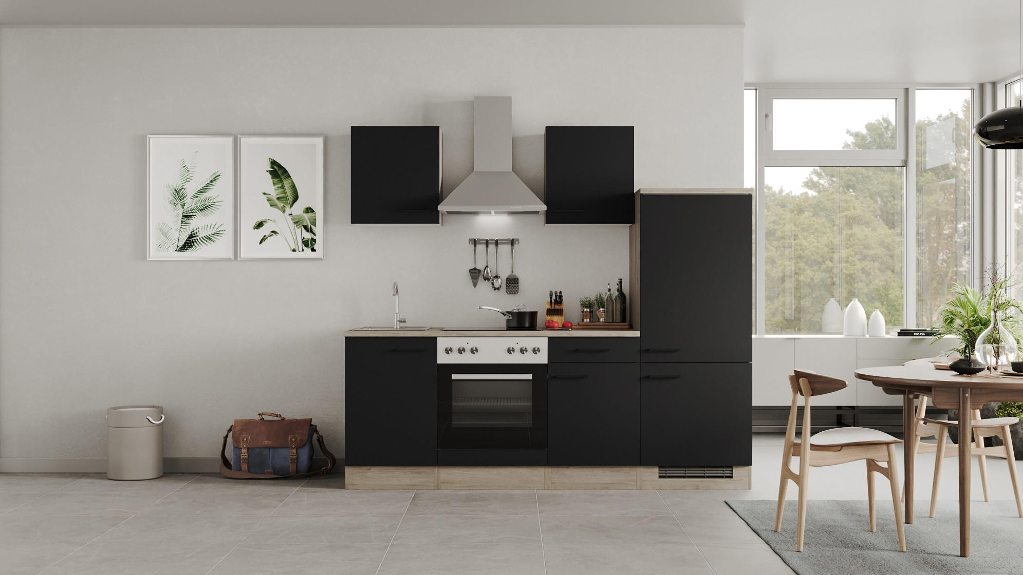 KUCHYŇSKÁ LINKA CAPRI 220 - černá/barvy dubu, Moderní, kov/kompozitní dřevo (220cm) - FlexWell