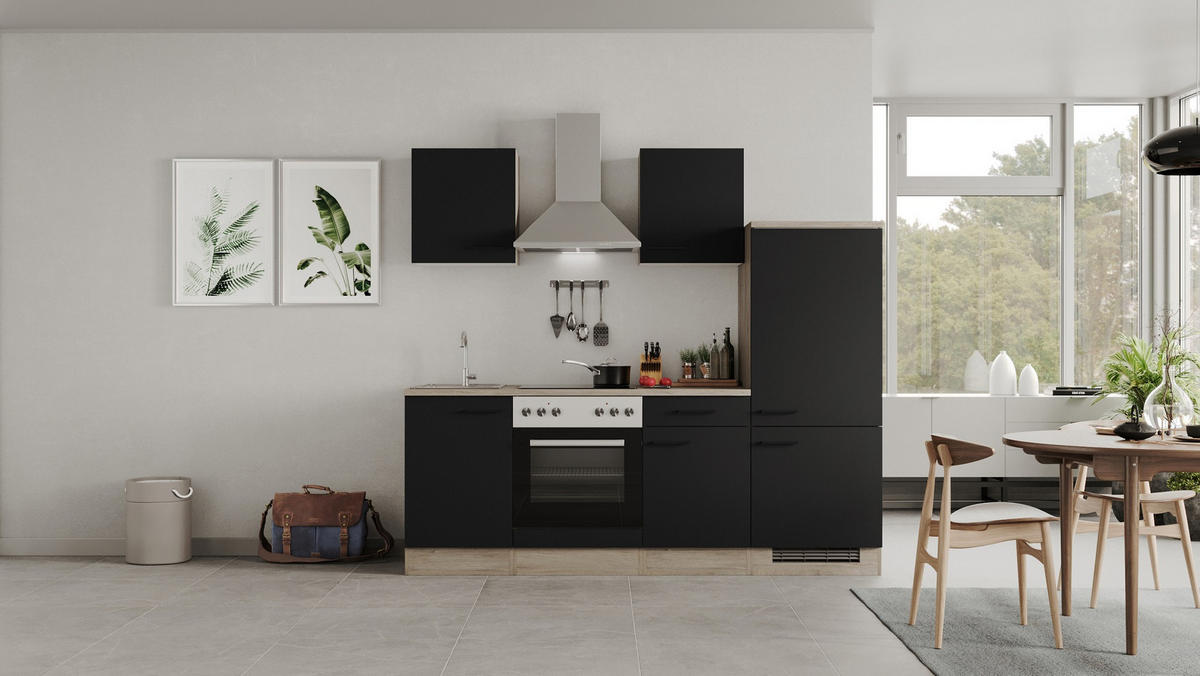 KÜCHENBLOCK 220 cm   in Schwarz, Eichefarben  - Eichefarben/Schwarz, MODERN, Holzwerkstoff/Metall (220cm) - FlexWell