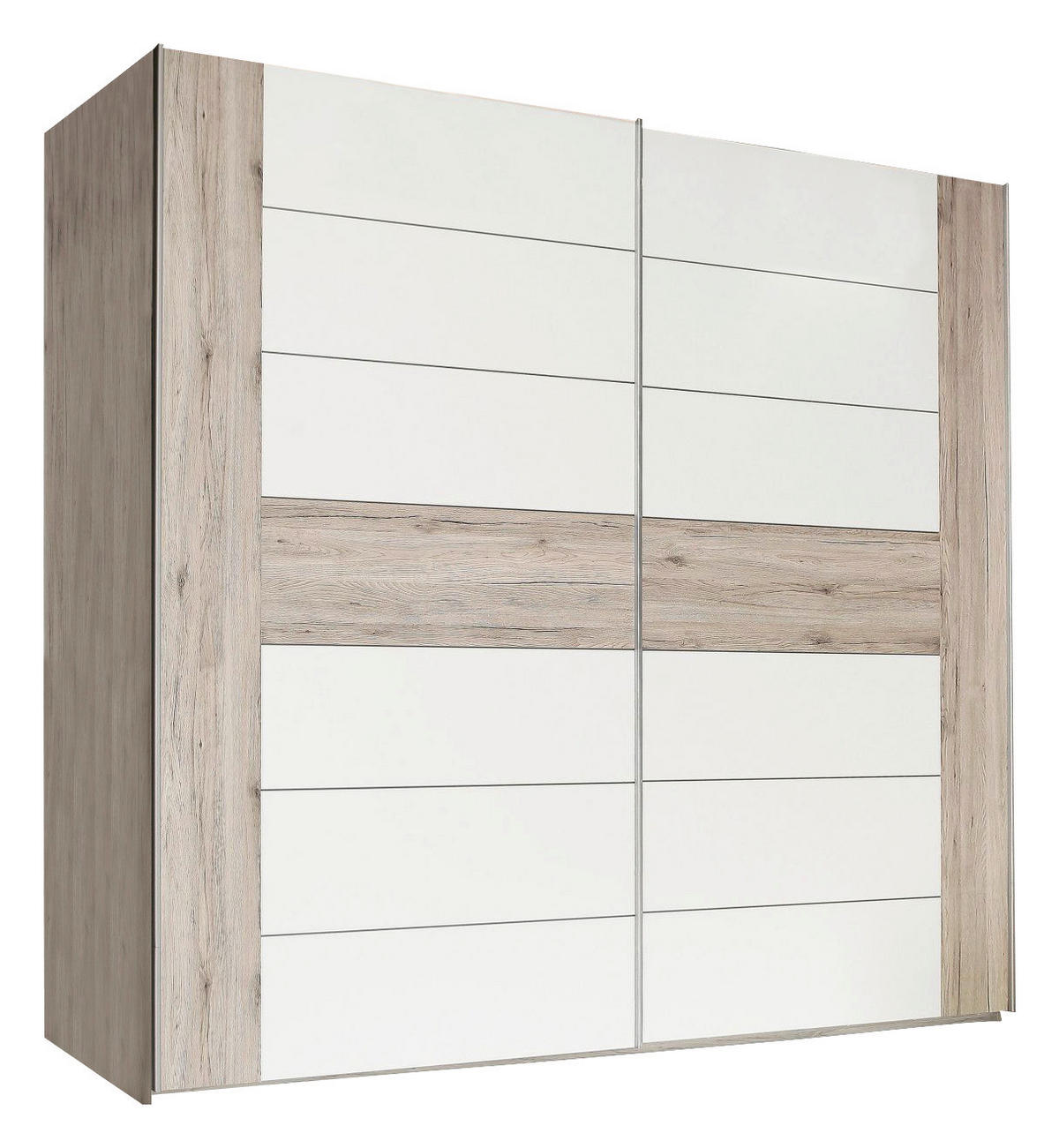 SCHWEBETÜRENSCHRANK Eichefarben, Weiss Hochglanz  - Weiss Hochglanz/Edelstahlfarben, Design, Holzwerkstoff/Metall (270/210/61cm) - Carryhome