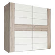 SCHWEBETÜRENSCHRANK  in Eichefarben, Weiß Hochglanz  - Edelstahlfarben/Eichefarben, Design, Holzwerkstoff/Metall (270/210/61cm) - Carryhome