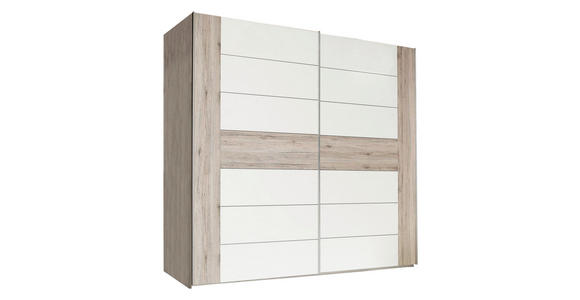 SCHWEBETÜRENSCHRANK  in Eichefarben, Weiß Hochglanz  - Edelstahlfarben/Eichefarben, Design, Holzwerkstoff/Metall (270/210/61cm) - Carryhome