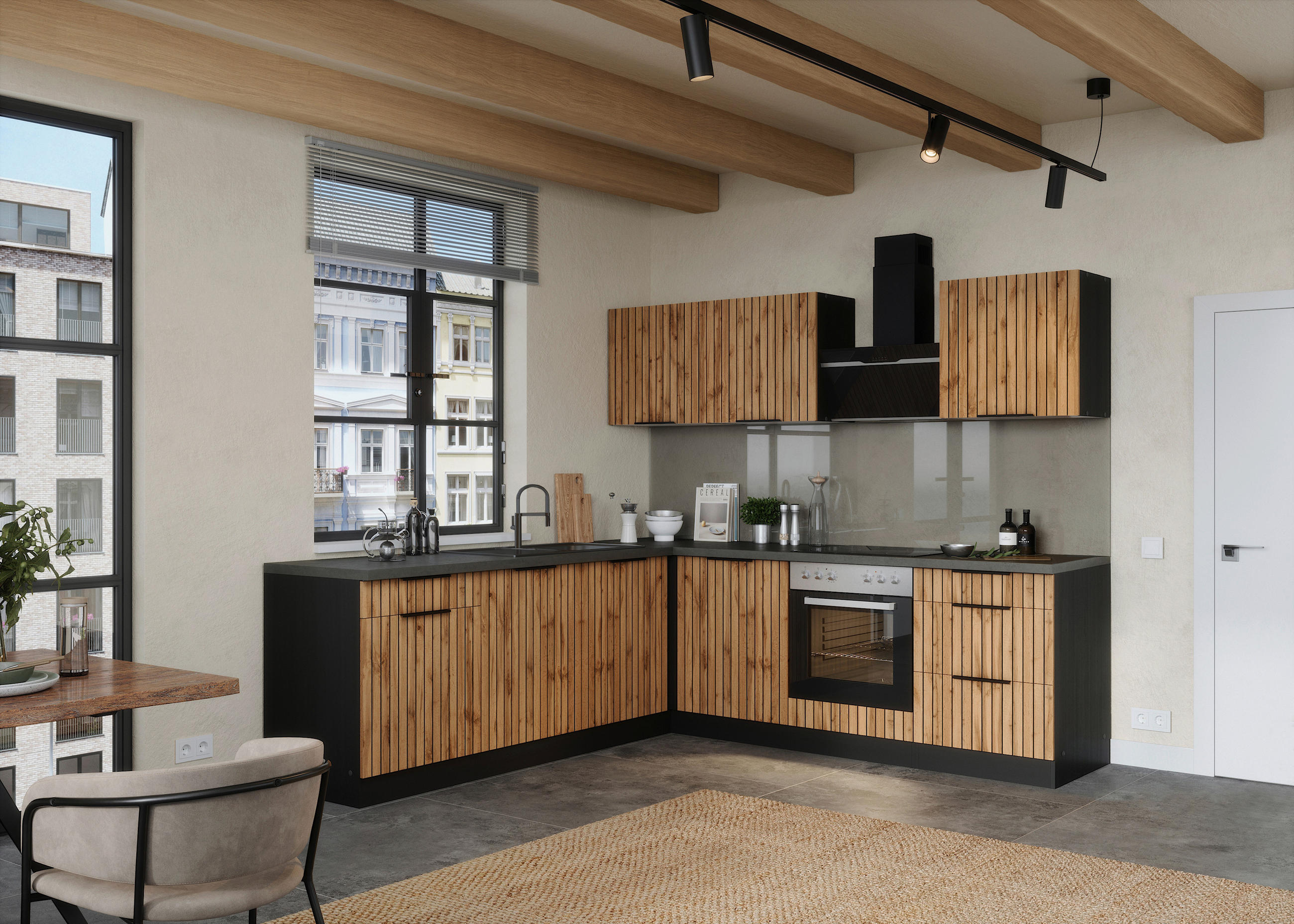 HÖRNKÖK 240/240 cm  i grafitfärgad, ek Wotan  - ek Wotan/grafitfärgad, Basics, metall/trämaterial (240/240cm) - Held