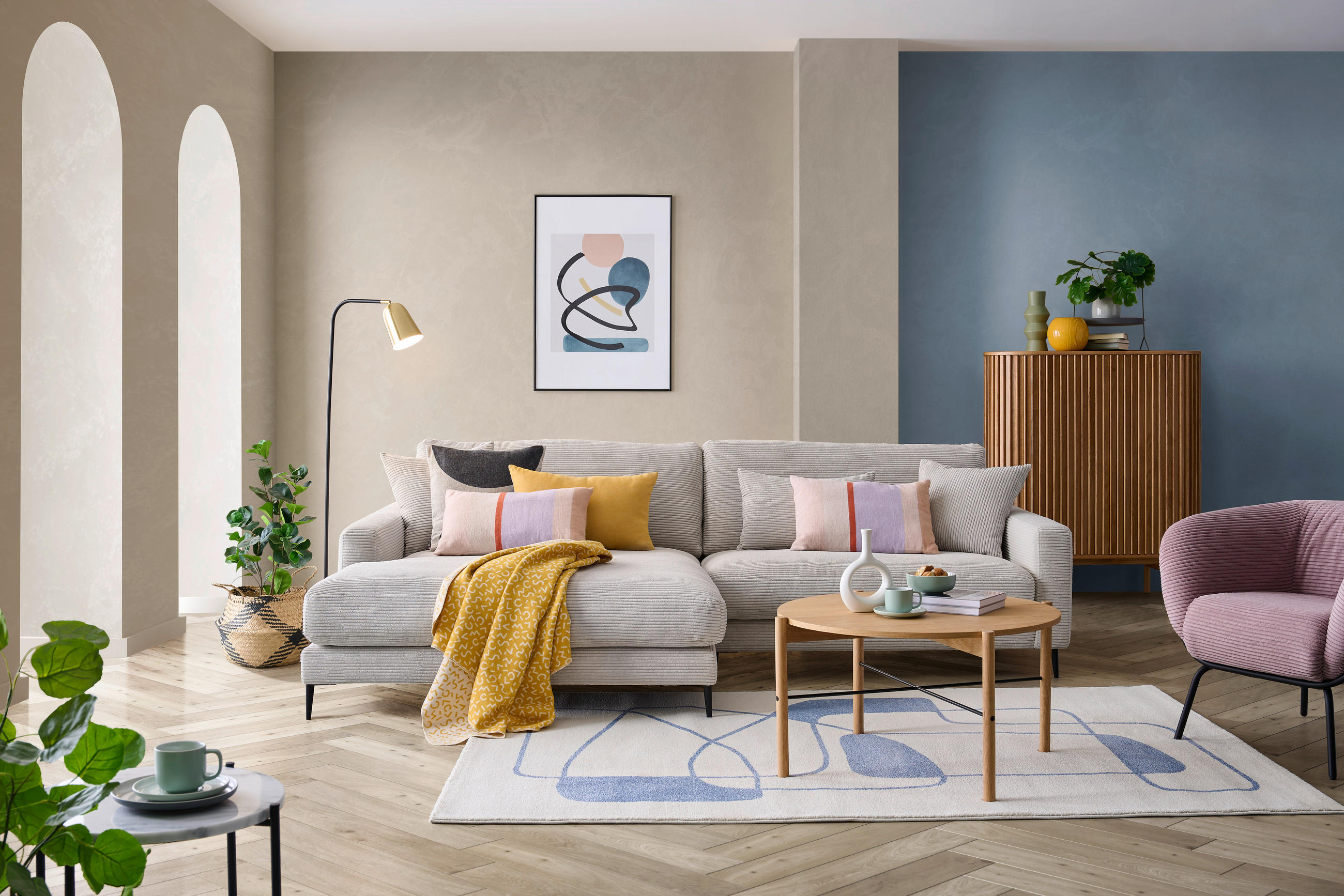 Thumbnail - Pure Home Lifestyle Ecksofa, Hellgrau, Textil, 4-Sitzer, Füllung: Federn, Ottomane links, L-Form, 272x190 cm, Goldenes M...