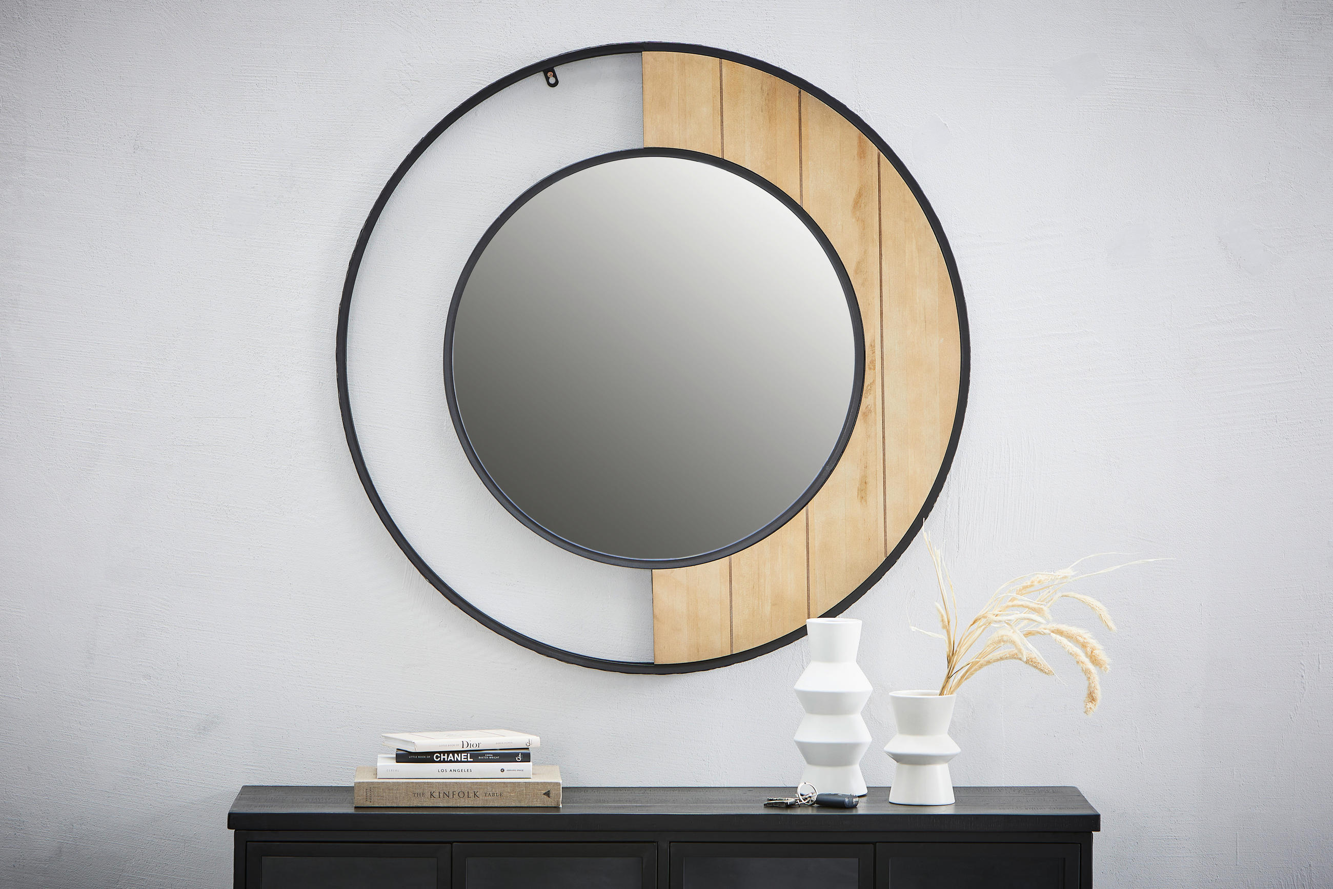 WANDSPIEGEL 90/90/5 cm    in rund  - Schwarz/Naturfarben, Trend, Glas/Holzwerkstoff (90/90/5cm)