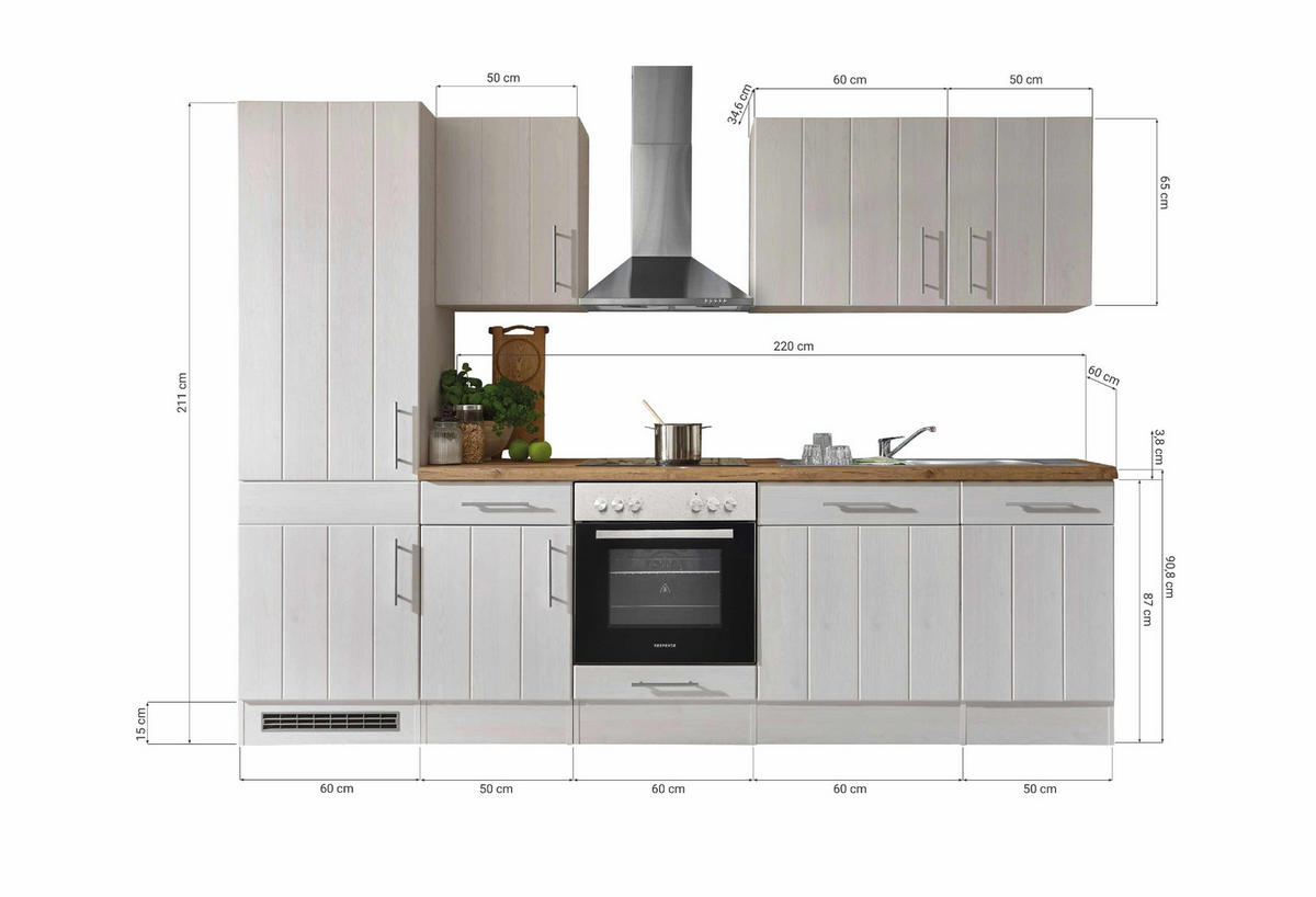 KÜCHENBLOCK 280 cm   in Weiß, Lärchefarben  - Wildeiche/Edelstahlfarben, ROMANTIK / LANDHAUS, Holzwerkstoff/Metall (280cm) - Respekta