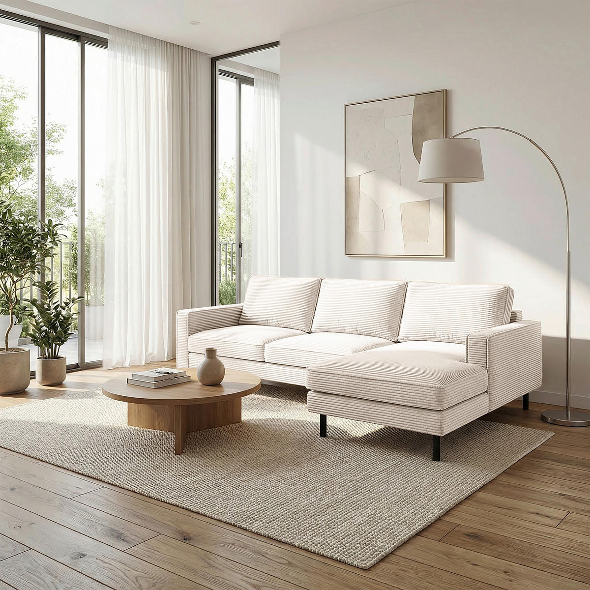 ECKSOFA Cord Creme  - Creme/Schwarz, Design, Textil/Metall (238/166cm) - Livetastic